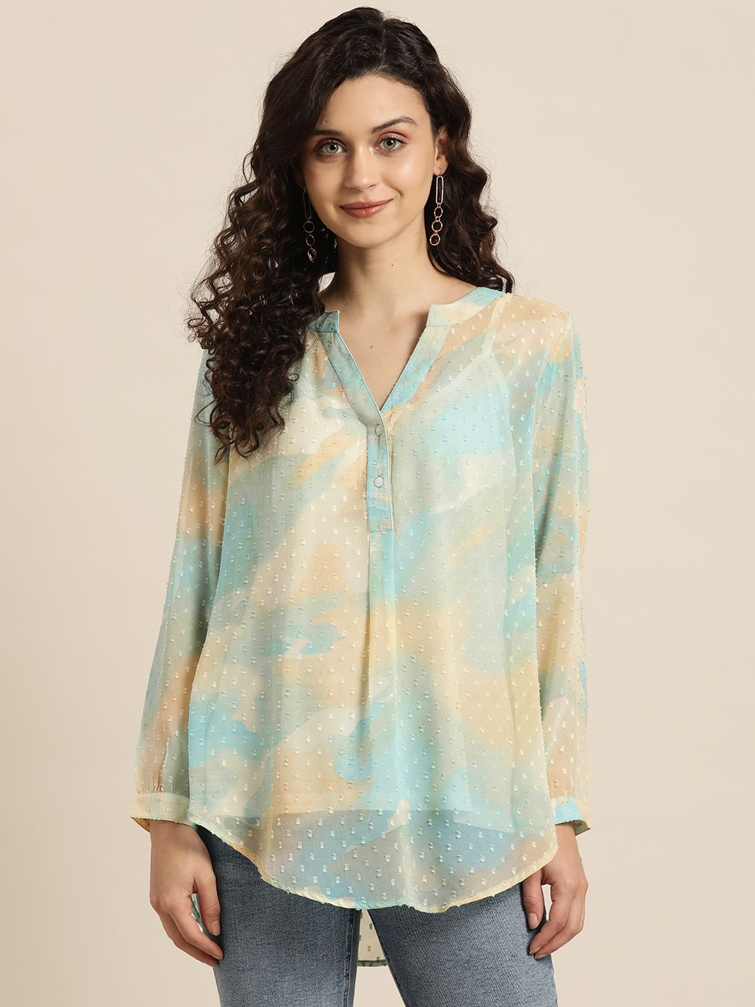 Qurvii Women Multicoloured Abstract Print Mandarin Collar Georgette Shirt Style Top Price in India