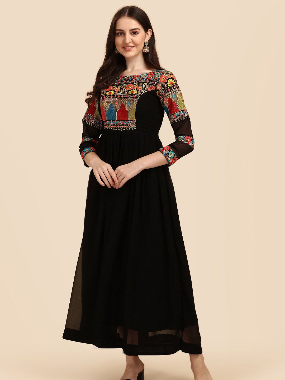 Vidraa Western Store Black Ethnic Motifs Embroidered Georgette Maxi Dress Price in India