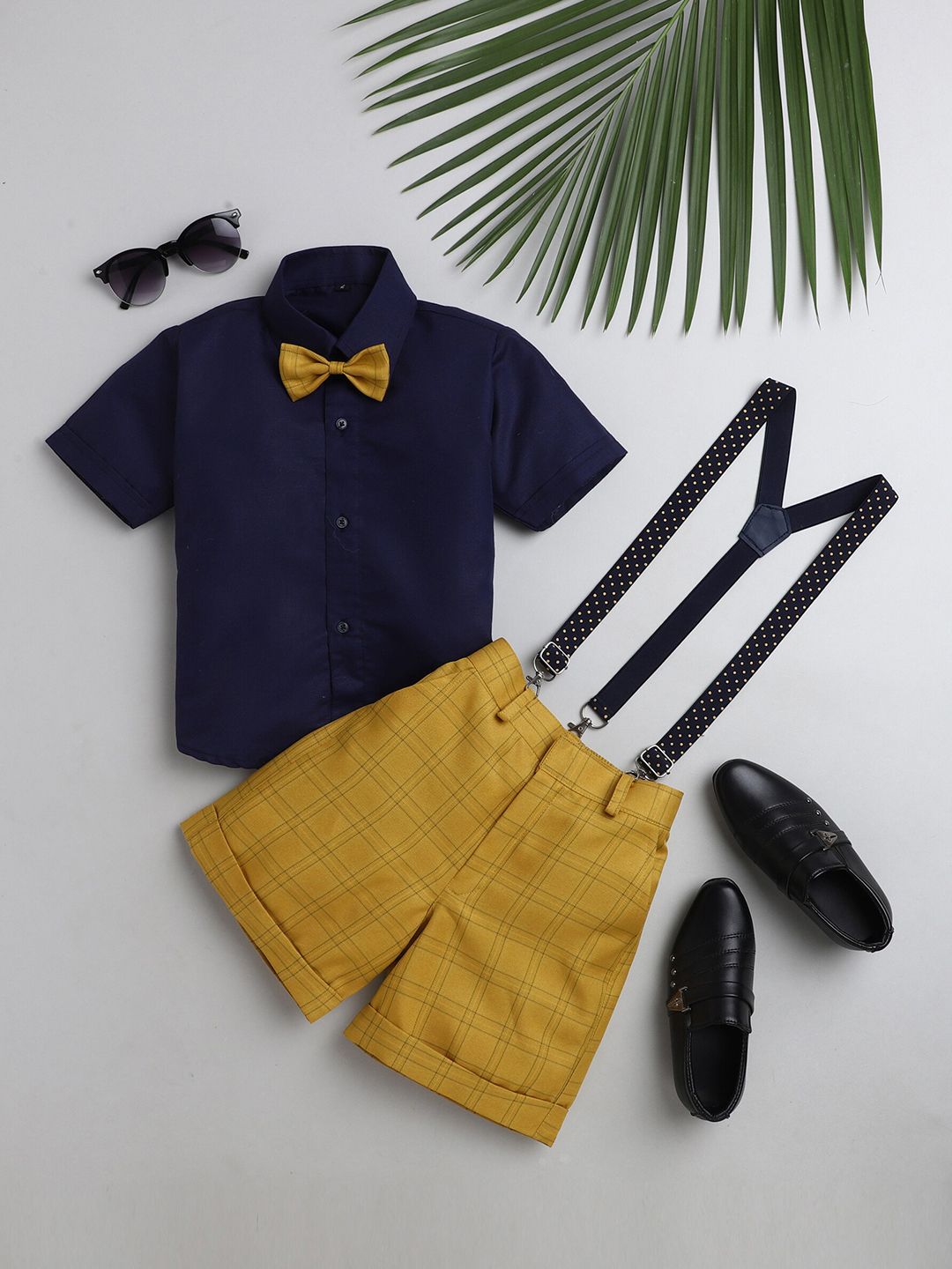 Jeetethnics Boys Mustard & Navy Blue Shirt & Shorts With Suspenders