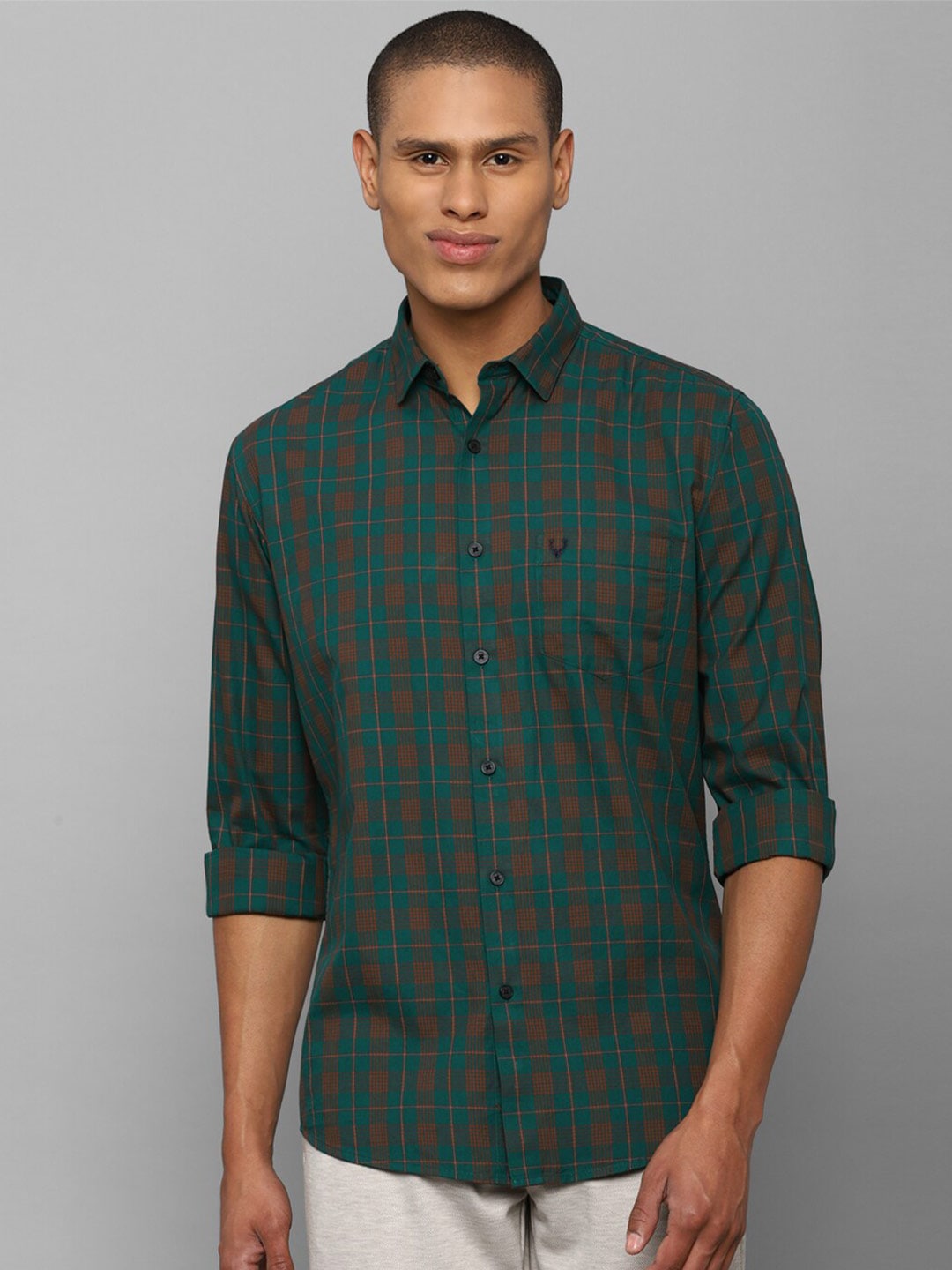 Allen Solly Men Green Slim Fit Checked Cotton Casual Shirt