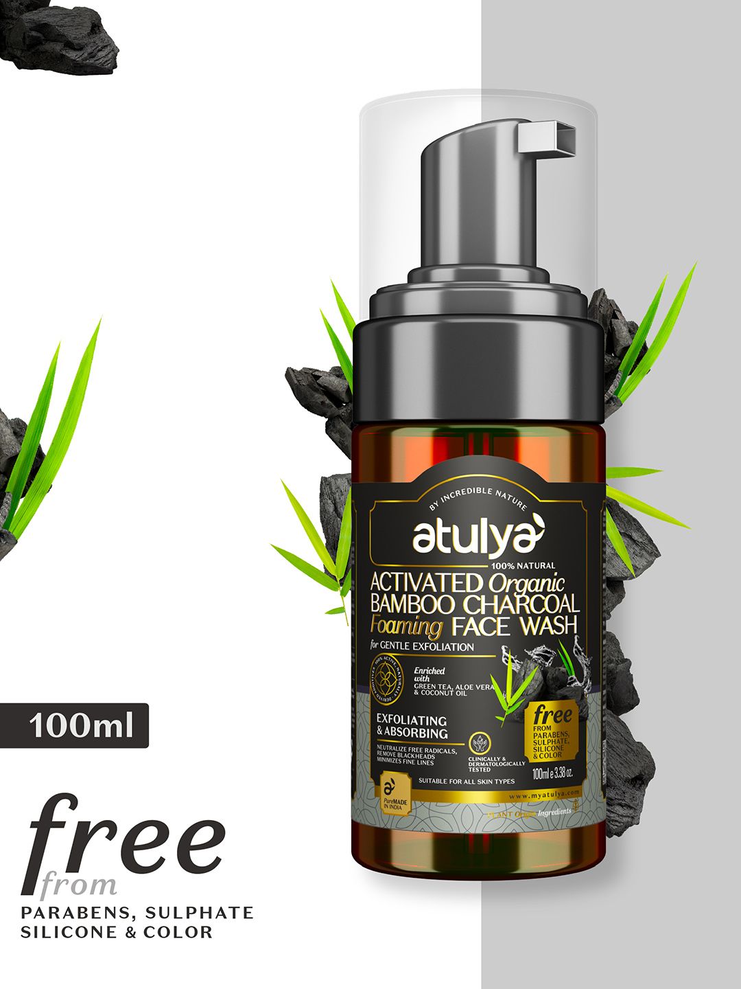 Atulya Activated Organic Bamboo Charcoal Foaming Face Wash for Gentle Exfoliation-100 ml