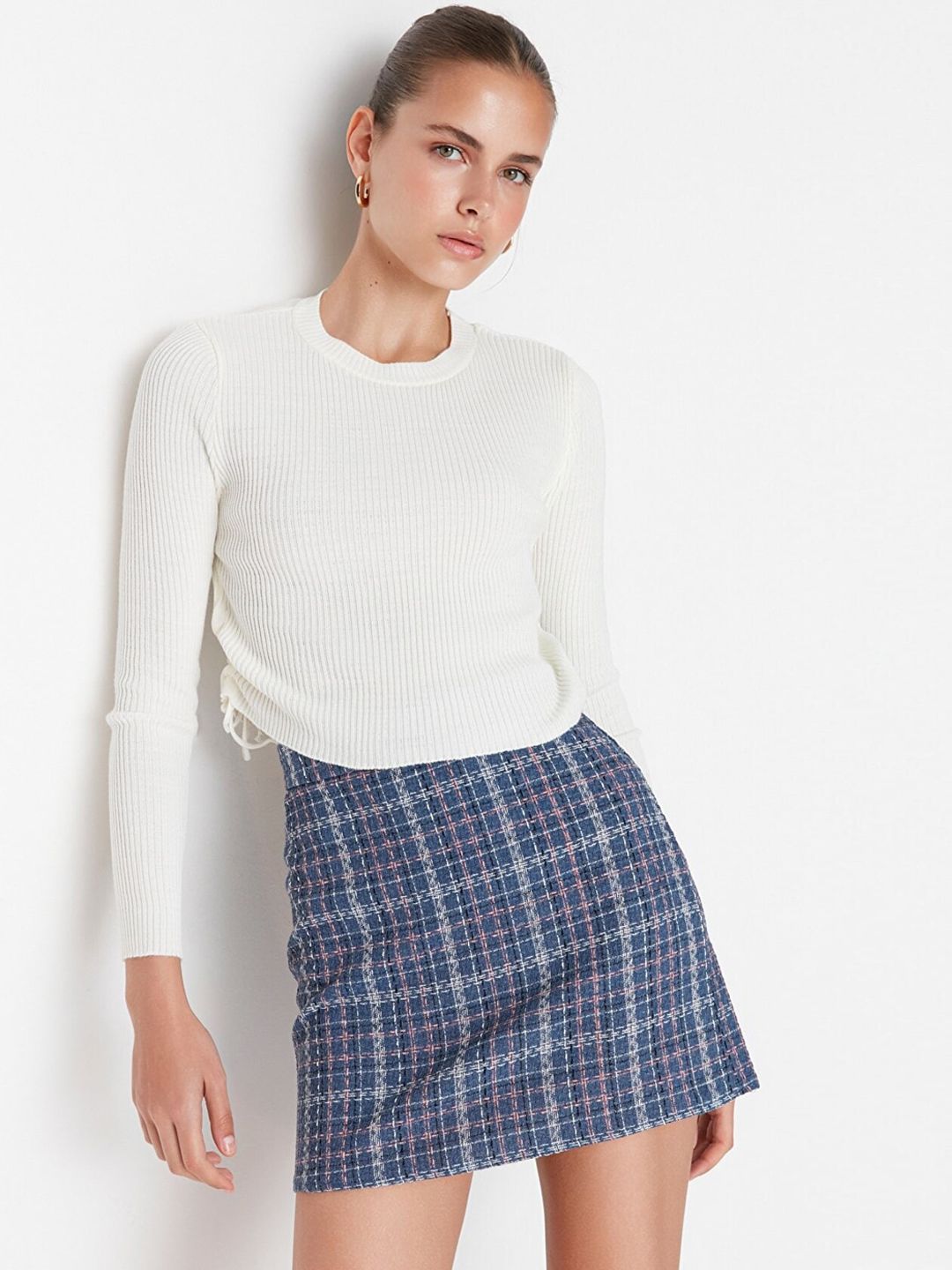 Trendyol Women Blue Checked Mini Pencil Skirt Price in India