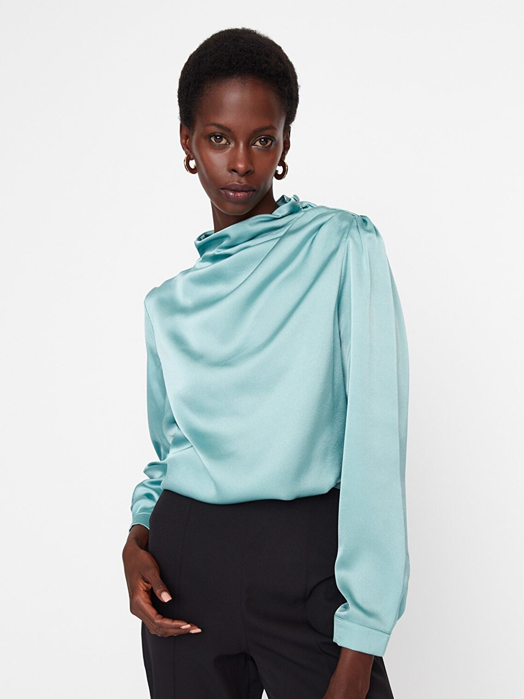 Trendyol Sea Green Solid High Neck Top Price in India