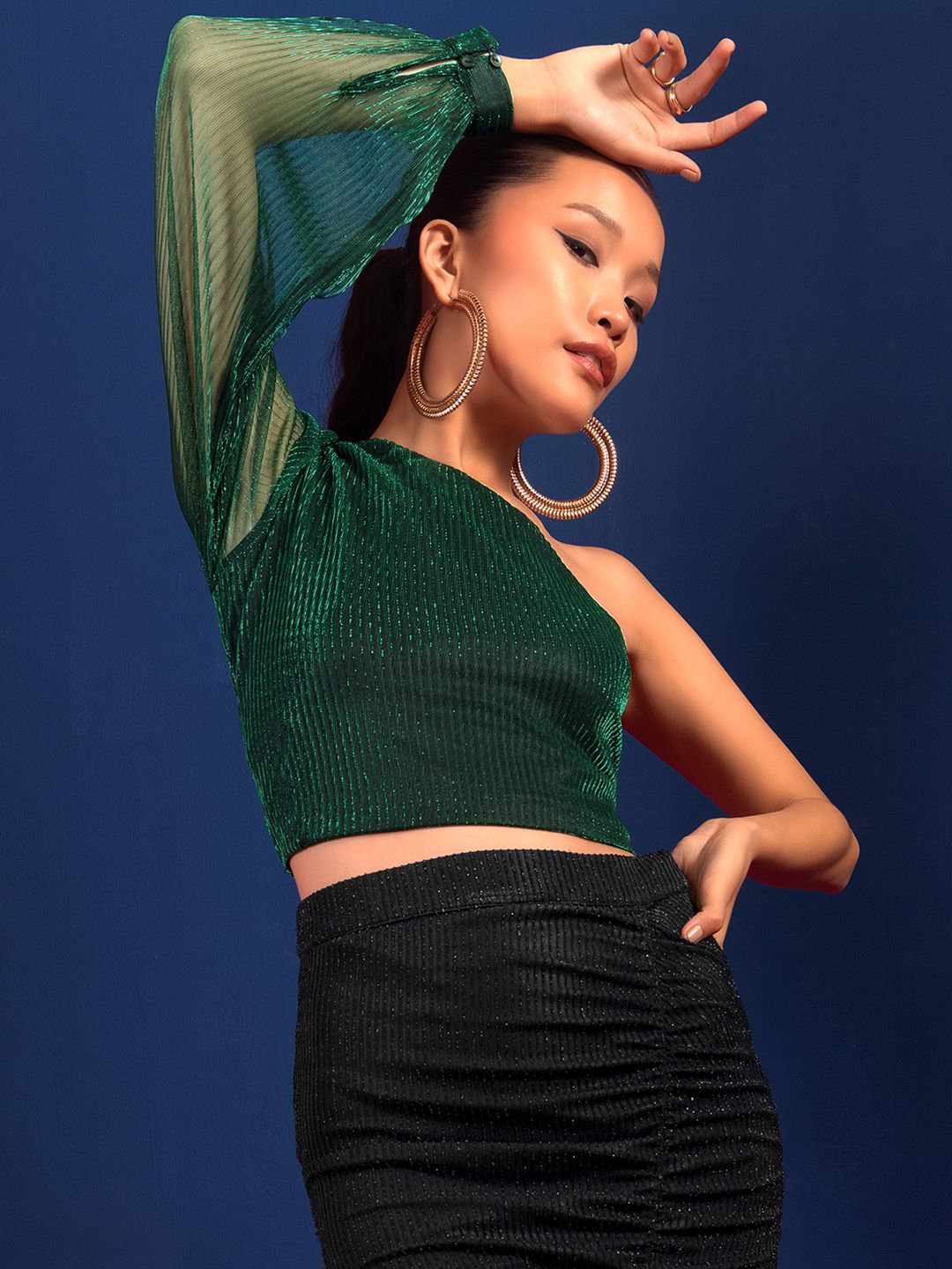 FabAlley X RIMZIM DADU Green Pleated One Shoulder Crop Top Price in India