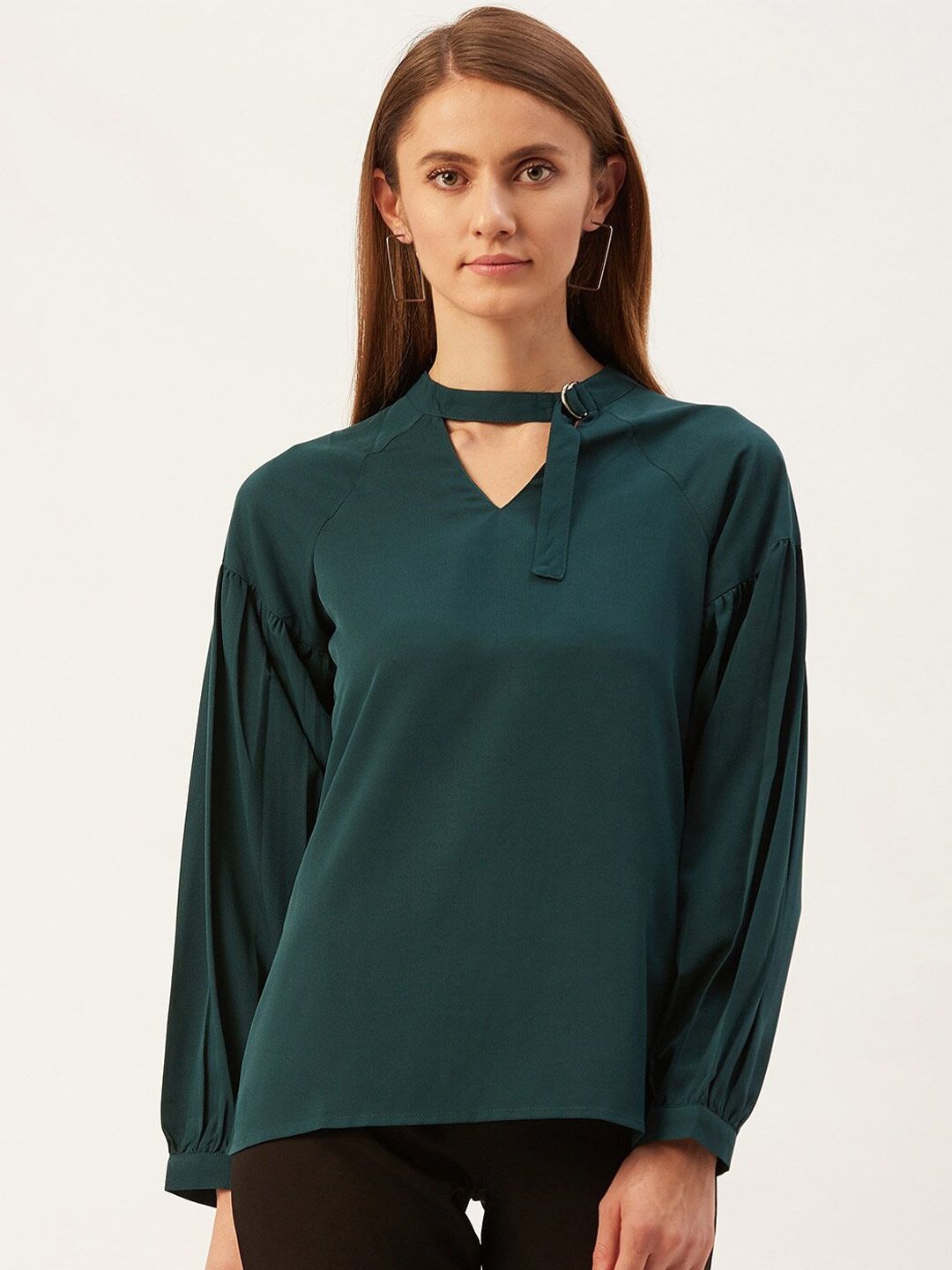 Magnetic Designs Women Green Keyhole Neck Crepe Top Price in India
