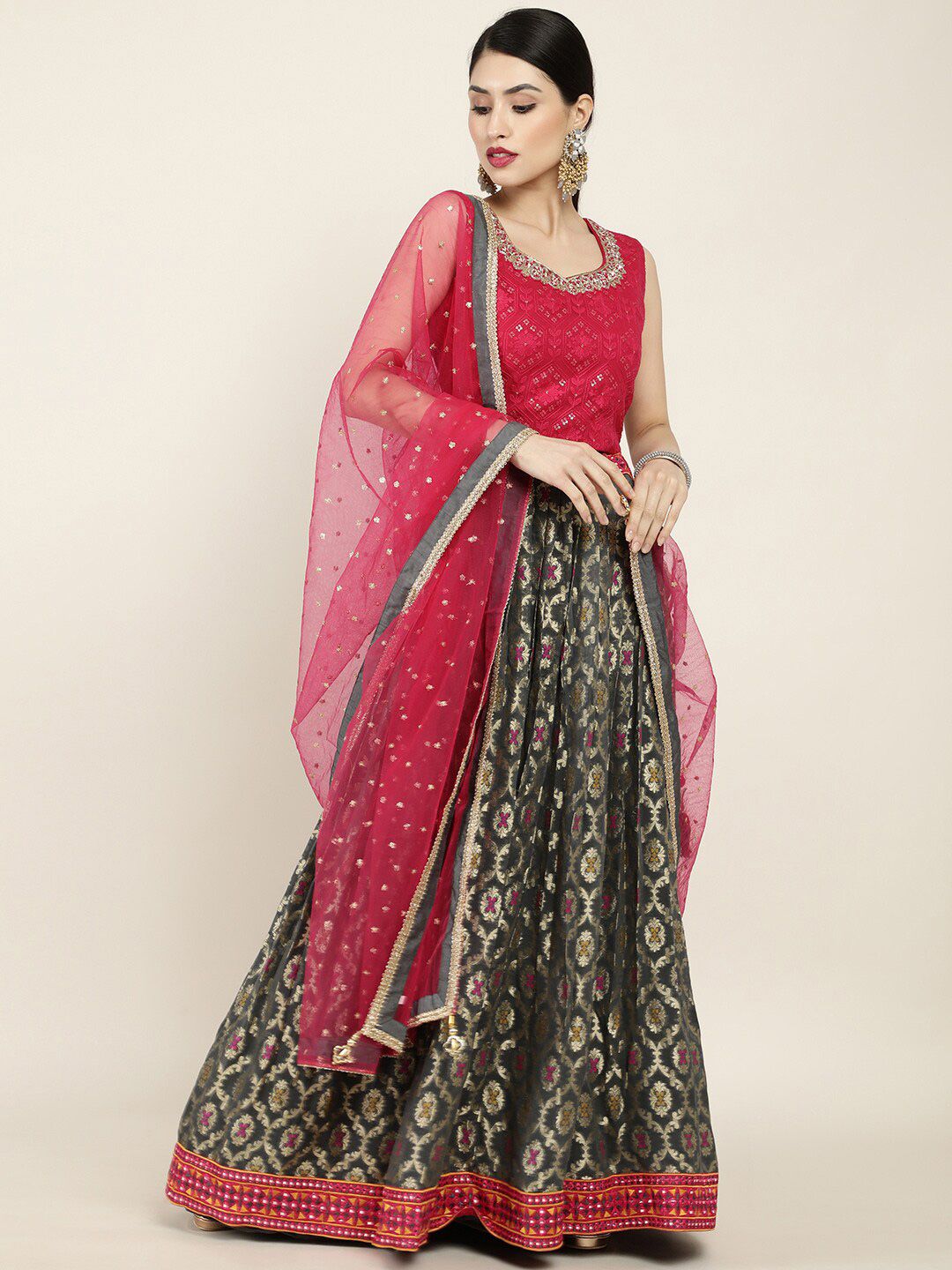 Soch Fuchsia & Grey Embellished Thread Work Ready to Wear Lehenga & Blouse With Dupatta Price in India