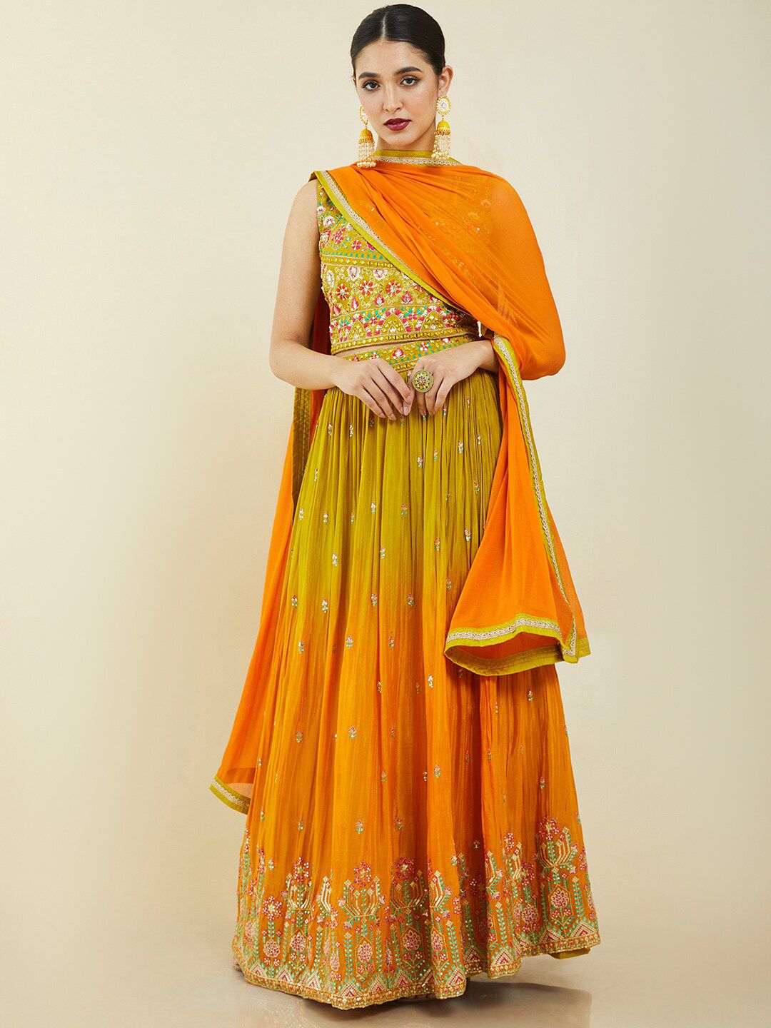 Soch Green & Orange Embroidered Ready to Wear Lehenga with Blouse & Dupatta Price in India