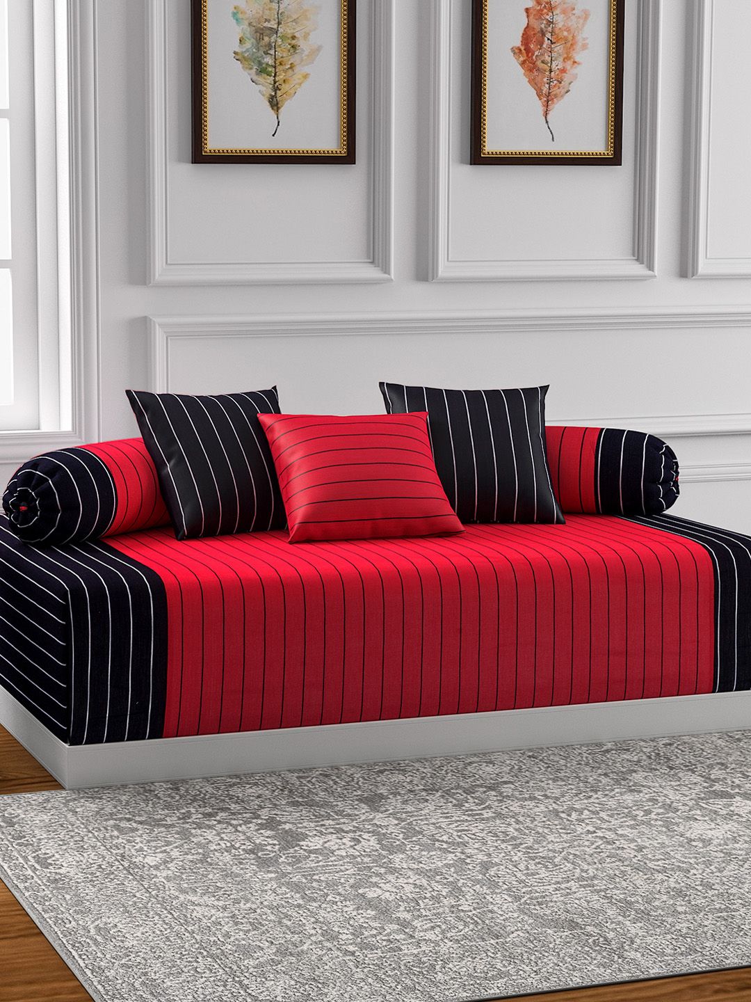 SWAYAM Red & Black Striped Diwan Set with Bolster & Cushion Covers Price in India