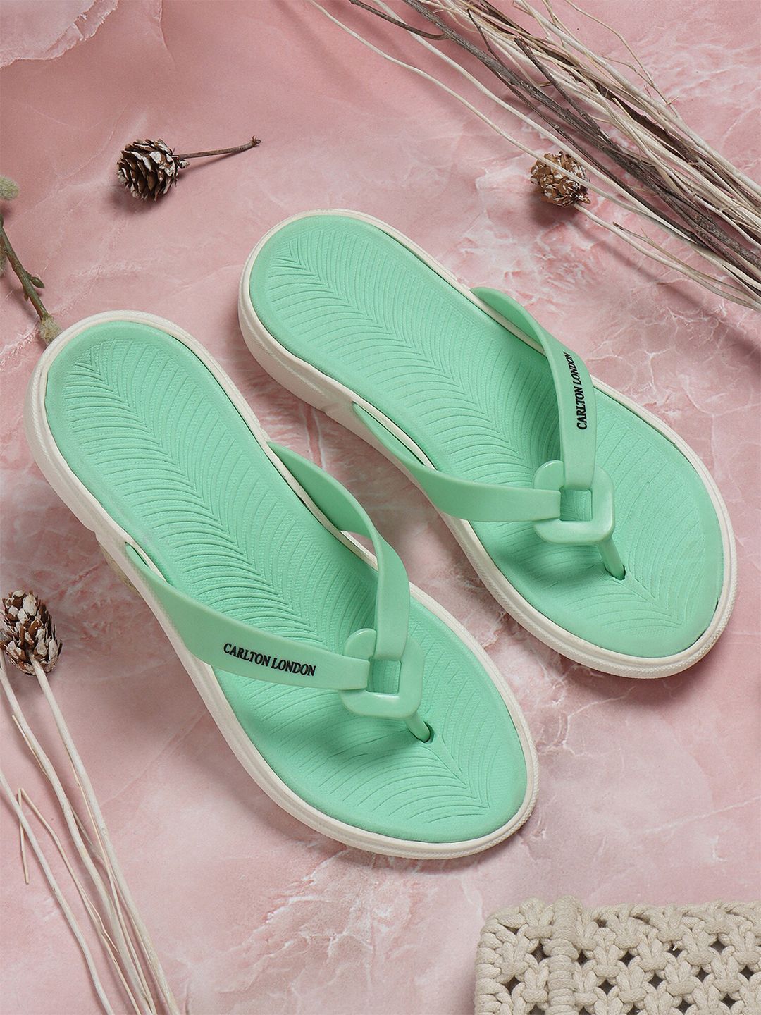 Carlton London Women Green & White Rubber Thong Flip-Flops