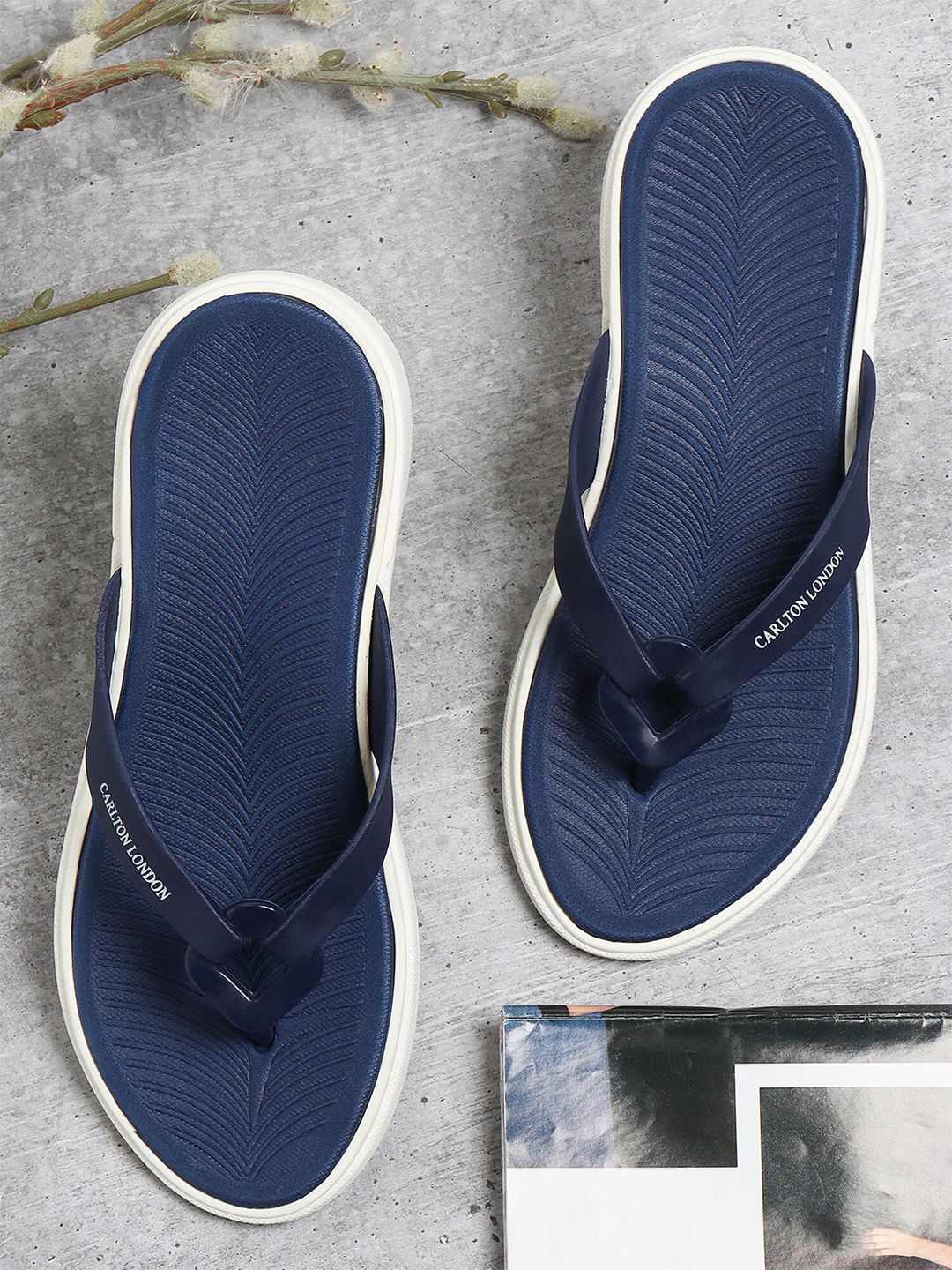 Carlton London Women Navy Blue & White Rubber Thong Flip-Flops