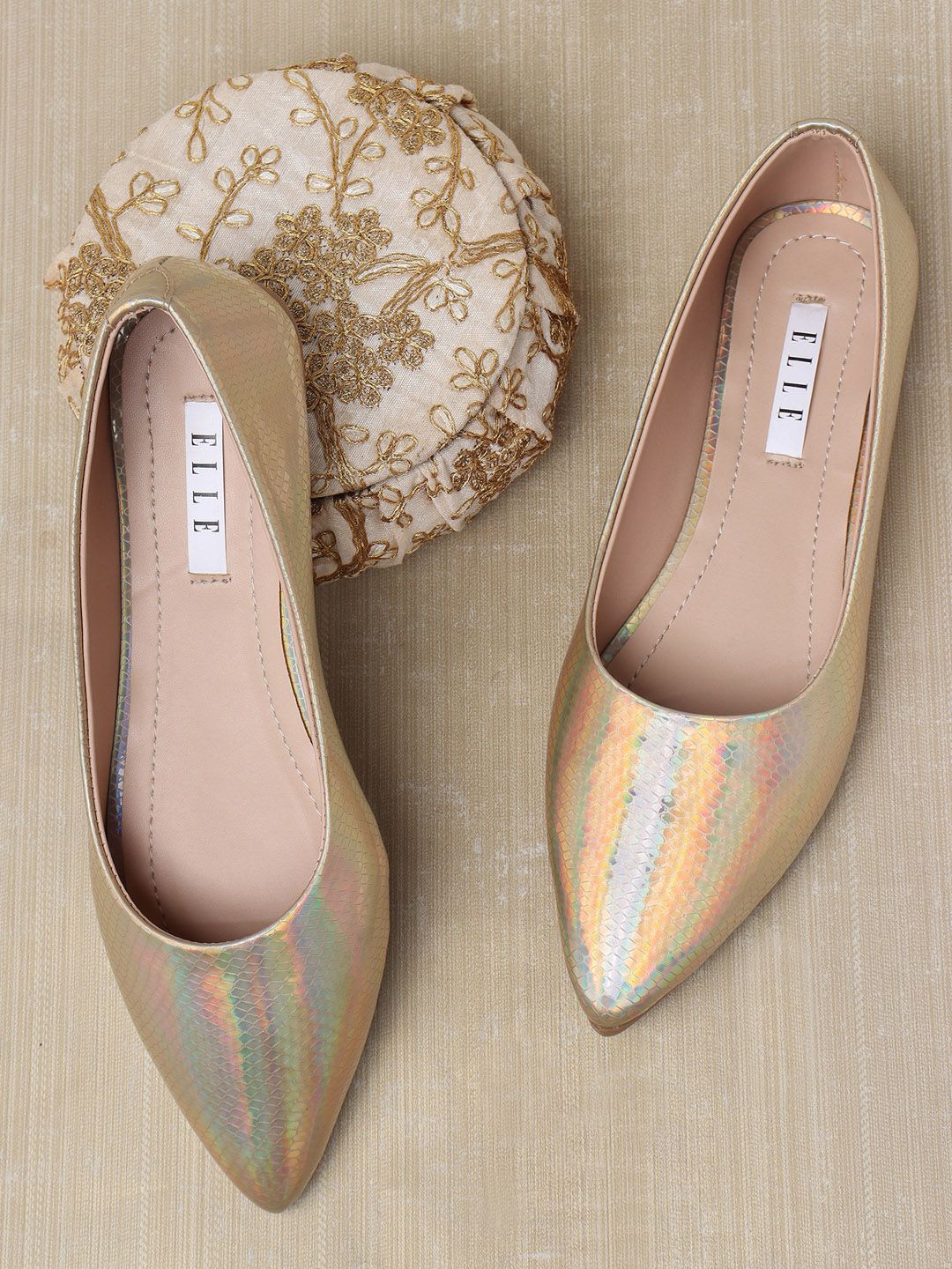 ELLE Women Gold-Toned Printed Ballerinas Flats