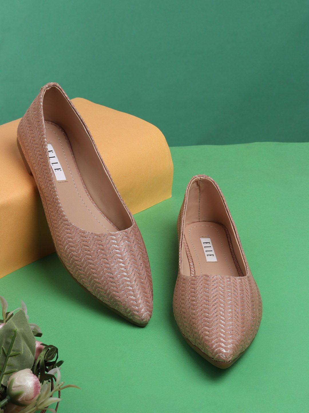 ELLE Women Peach-Coloured Textured Ballerinas