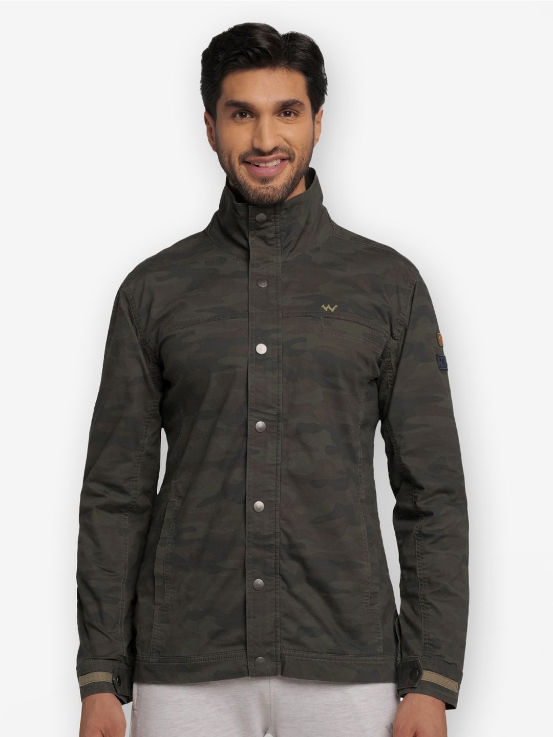 Wildcraft Men Olive Green & Grey Camouflage Water Resistant Cotton Open Front Jacket