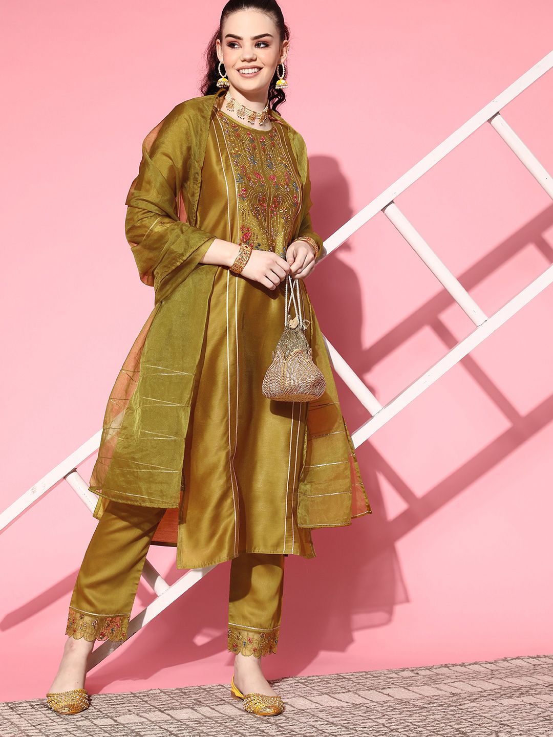 SheWill Women Mustard Yellow Floral Embroidered Kurta with Trousers & With Dupatta Price in India