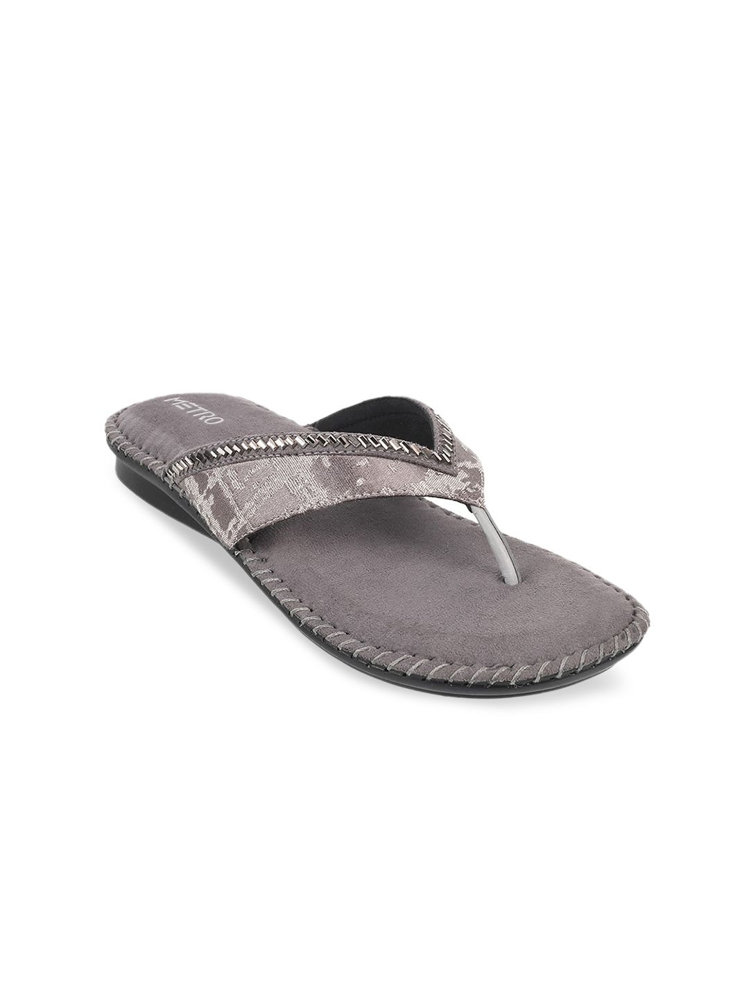 Metro Women Grey Embellished Ethnic T-Strap Flats Price in India