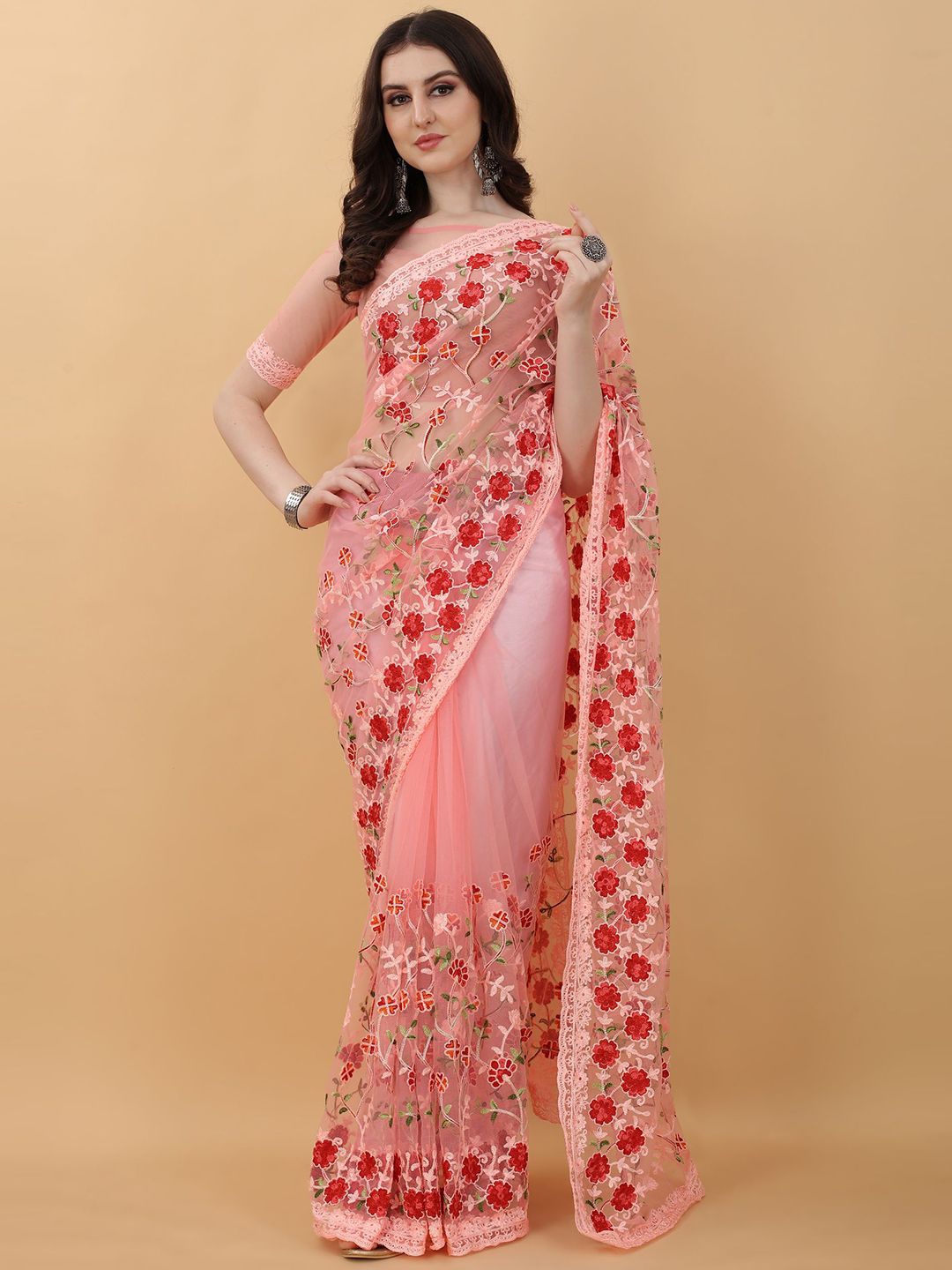 kasee Pink & Red Floral Embroidered Net Heavy Work Saree Price in India