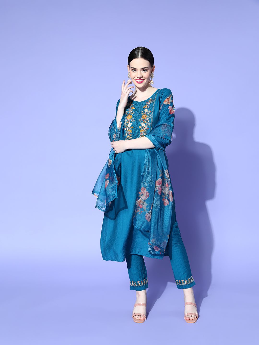 SheWill Women Teal Floral Embroidered Kurta With Trousers & With Dupatta Price in India