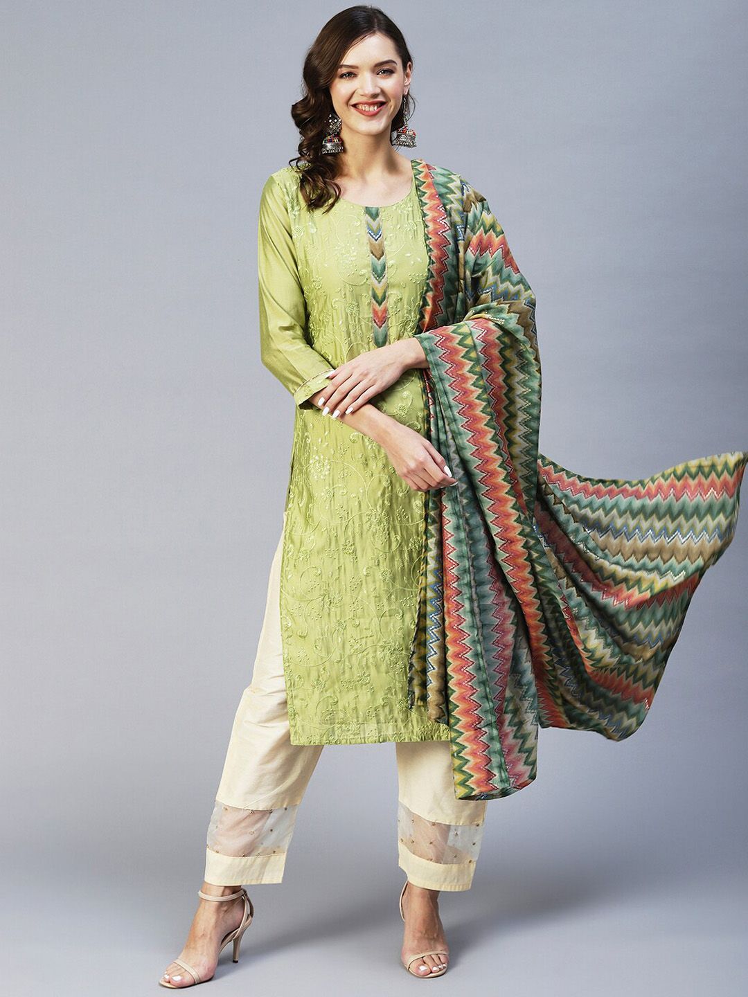 FASHOR Women Green Printed Flared Sleeves Kurta Price in India