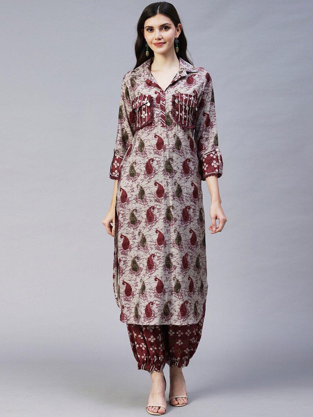 FASHOR Women Taupe Ethnic Motifs Printed Gotta Patti Kurta with Trousers Price in India
