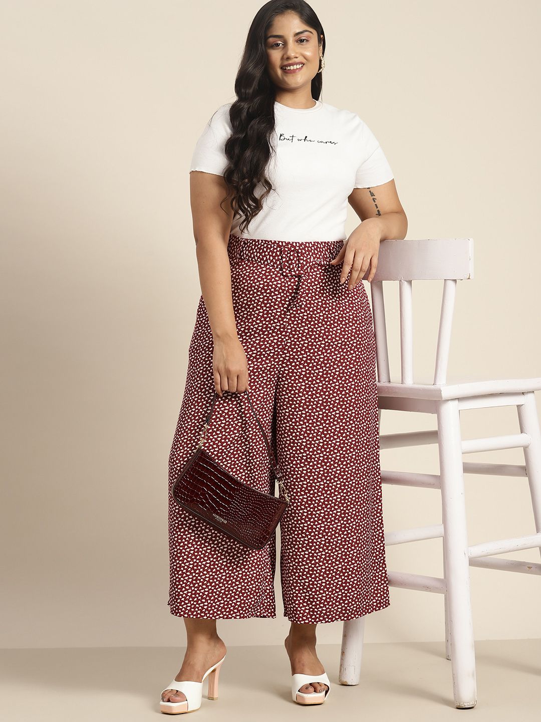 Sztori Women Plus Size Printed Flared Parallel Trousers With Belt Price in India
