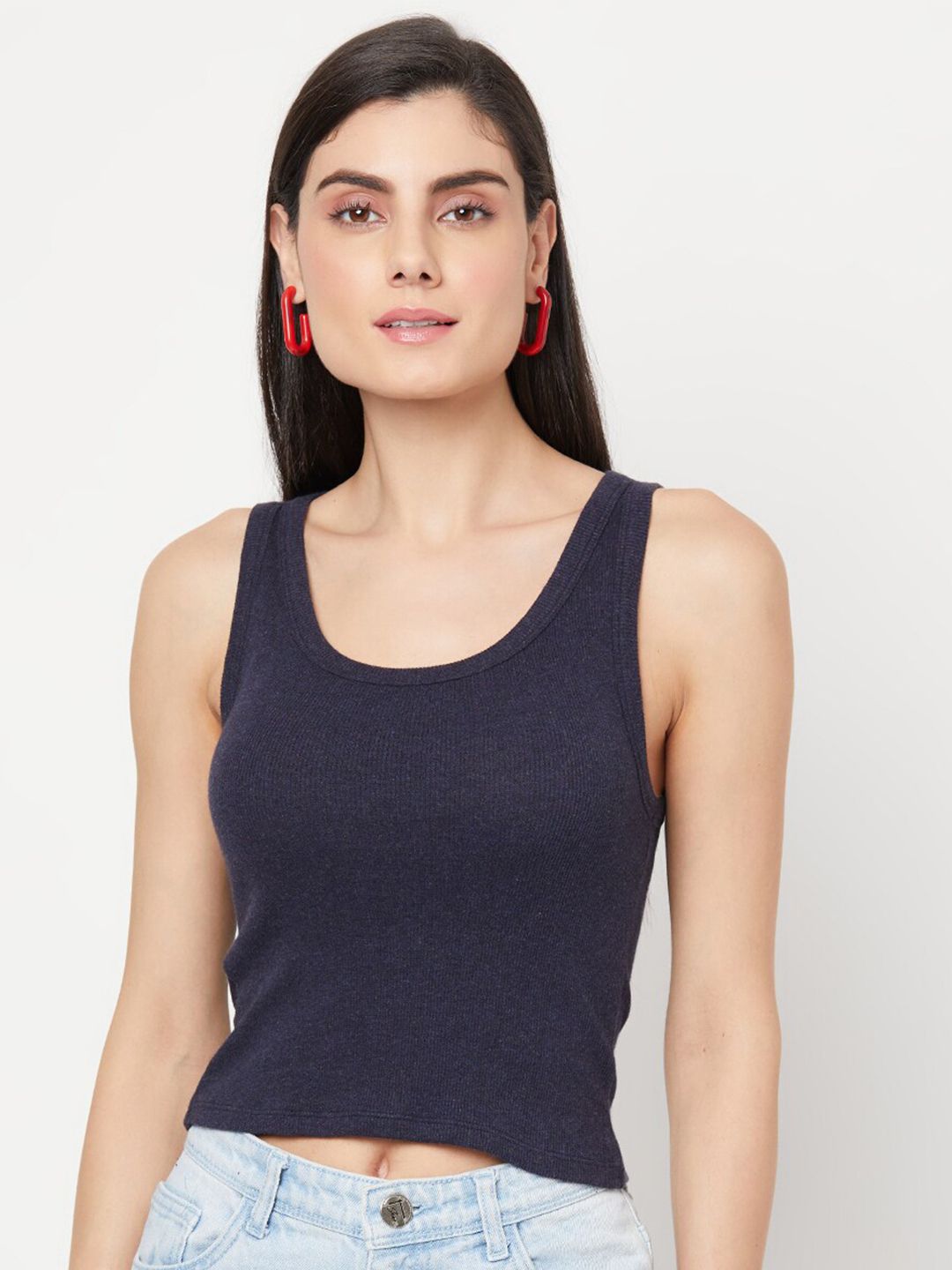 YOONOY Women Navy Blue Sleeveless Tank Crop Top Price in India