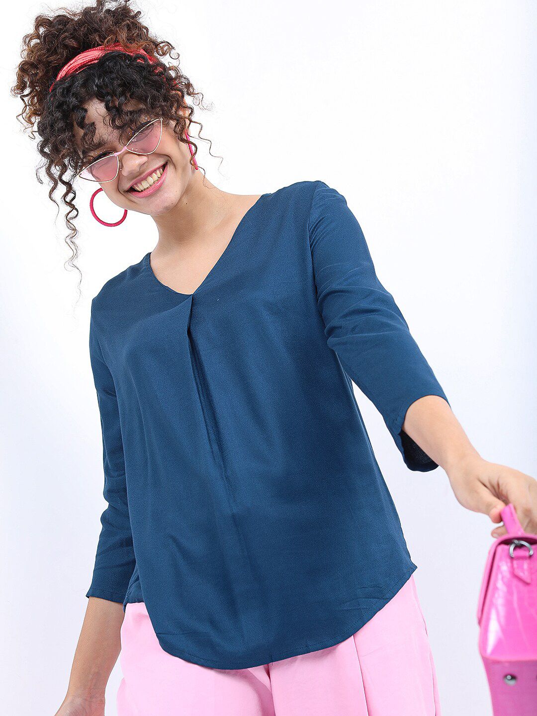 Tokyo Talkies Woman Teal Blue Solid V-Neck Top Price in India