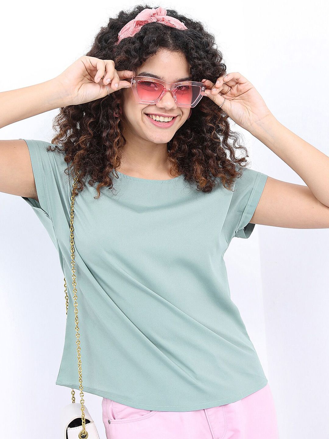 Tokyo Talkies Woman Green Solid Round Neck Top Price in India