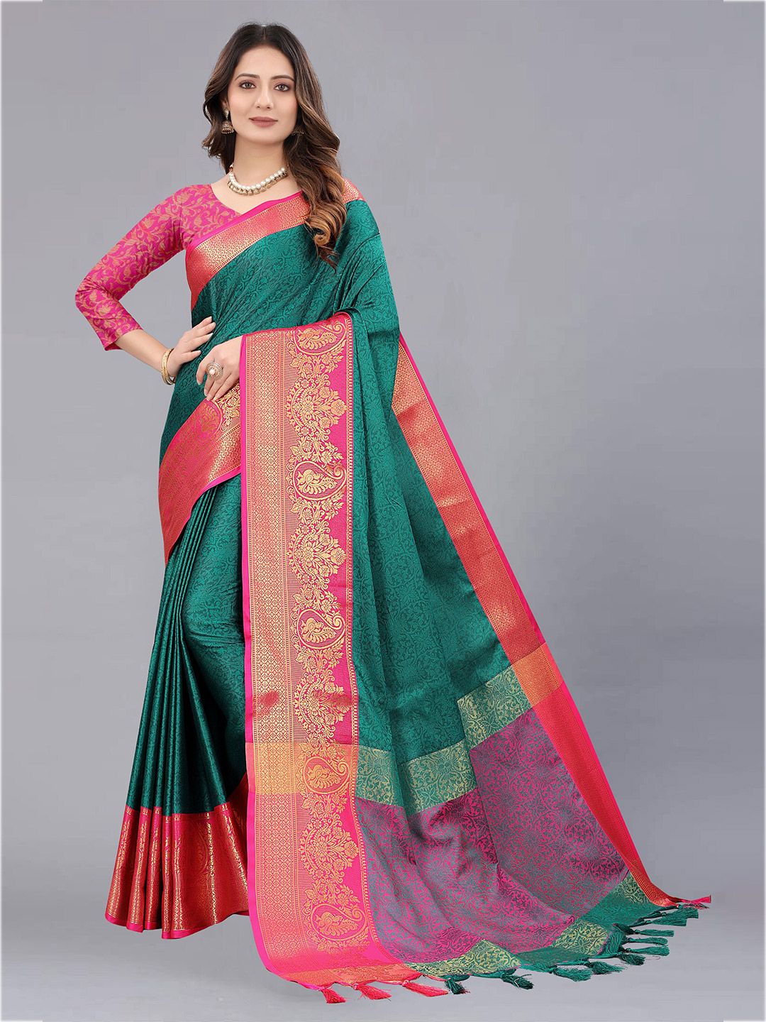 KALINI Green & Pink Woven Design Zari Silk Cotton Saree Price in India