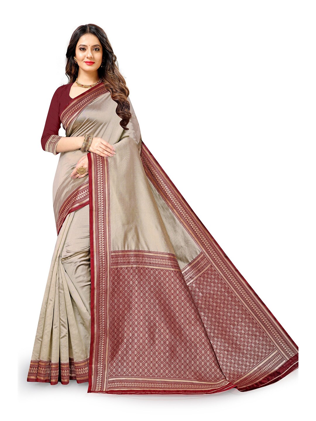 KALINI Brown & Grey Zari Silk Cotton Saree Price in India