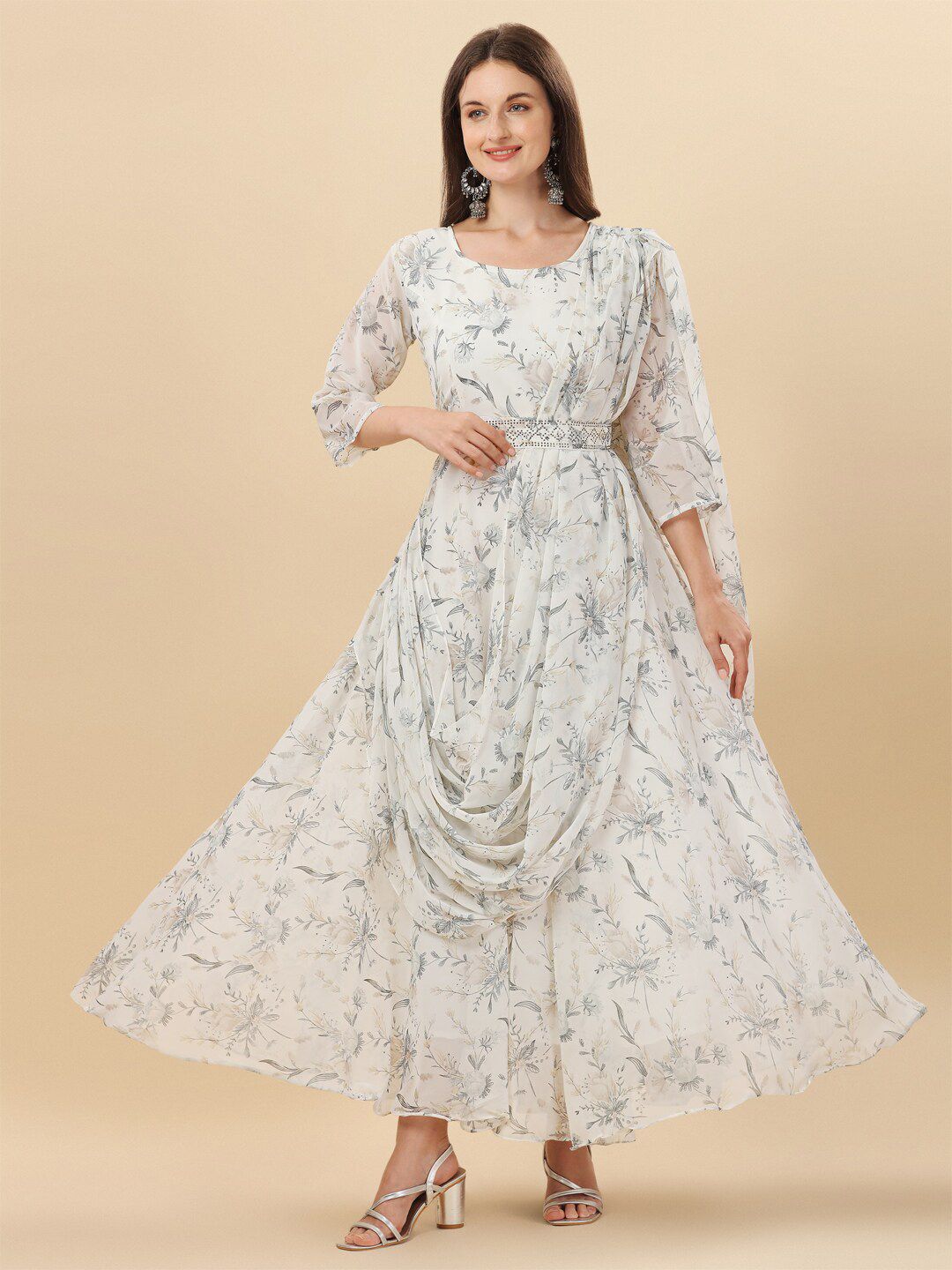Vidraa Western Store Off White Ethnic Motifs Georgette Maxi Dress Price in India
