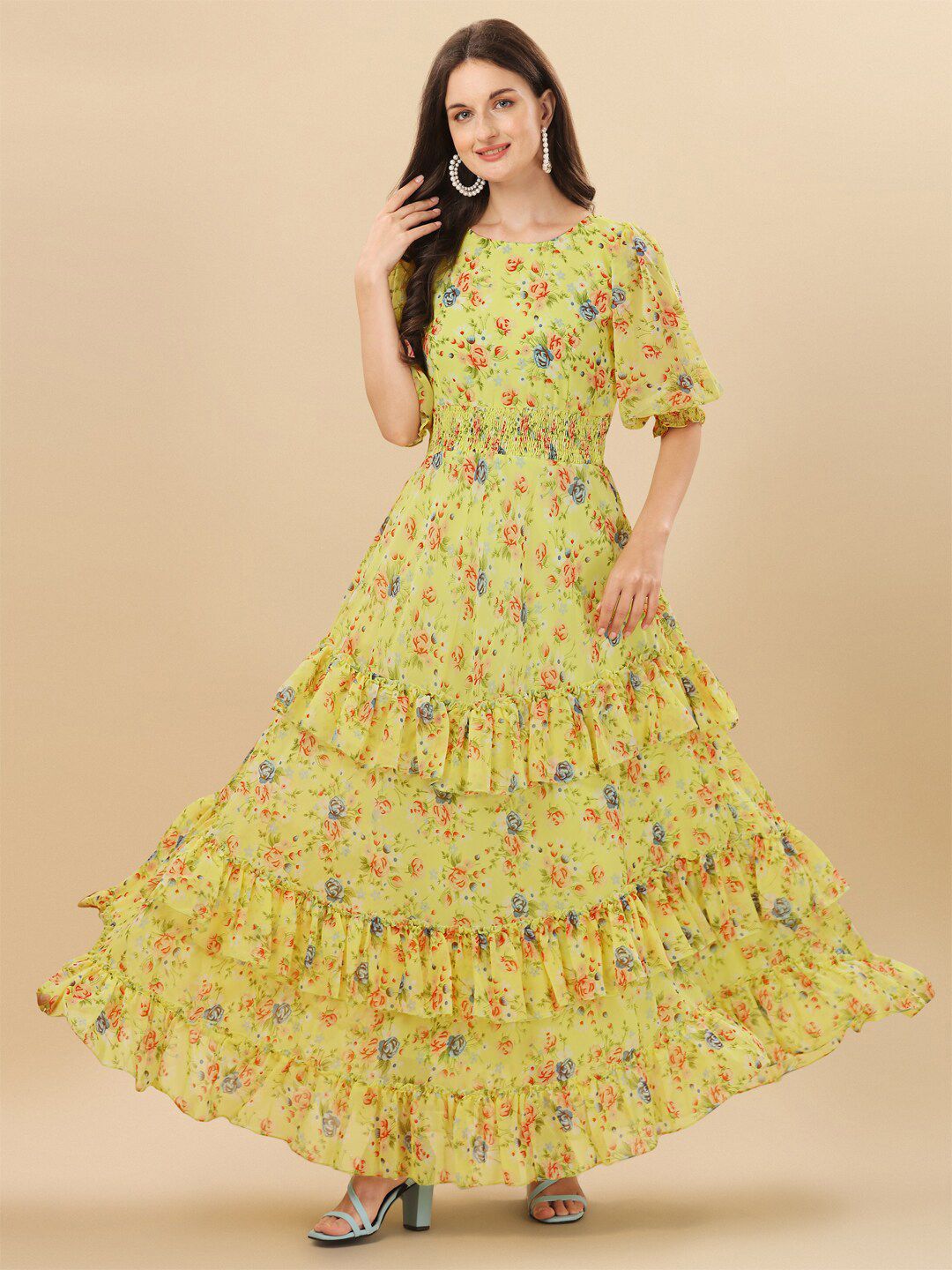 Vidraa Western Store Yellow Floral Georgette Maxi Dress Price in India