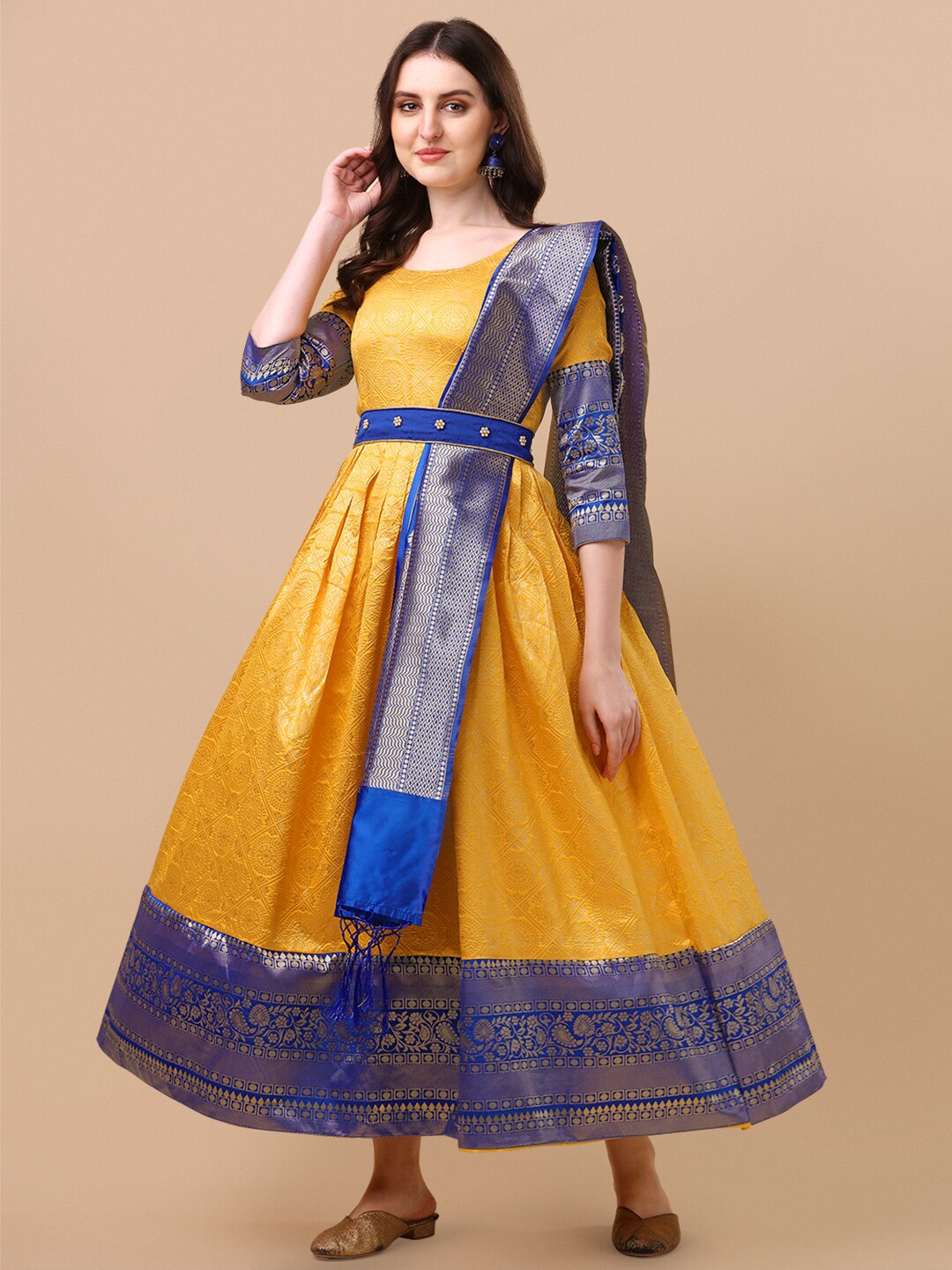 Vidraa Western Store Yellow & Blue Ethnic Motifs Jacquard Ethnic Maxi Dress Price in India