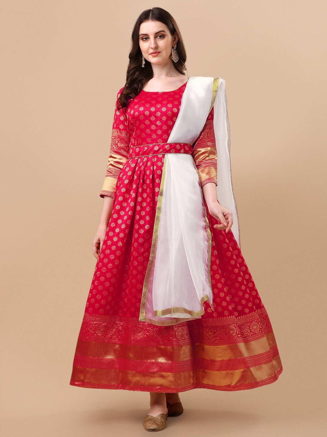 Vidraa Western Store Red Ethnic Motifs Jacquard Maxi Dress Price in India