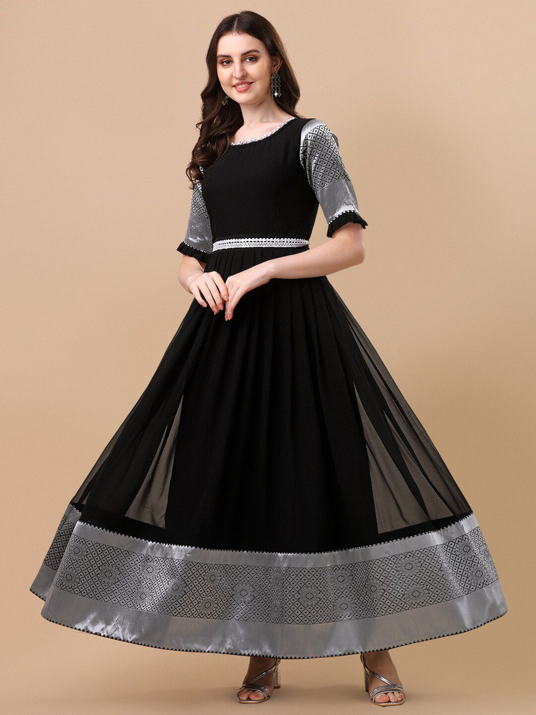 Vidraa Western Store Black Ethnic Motifs Georgette Ethnic Maxi Dress Price in India