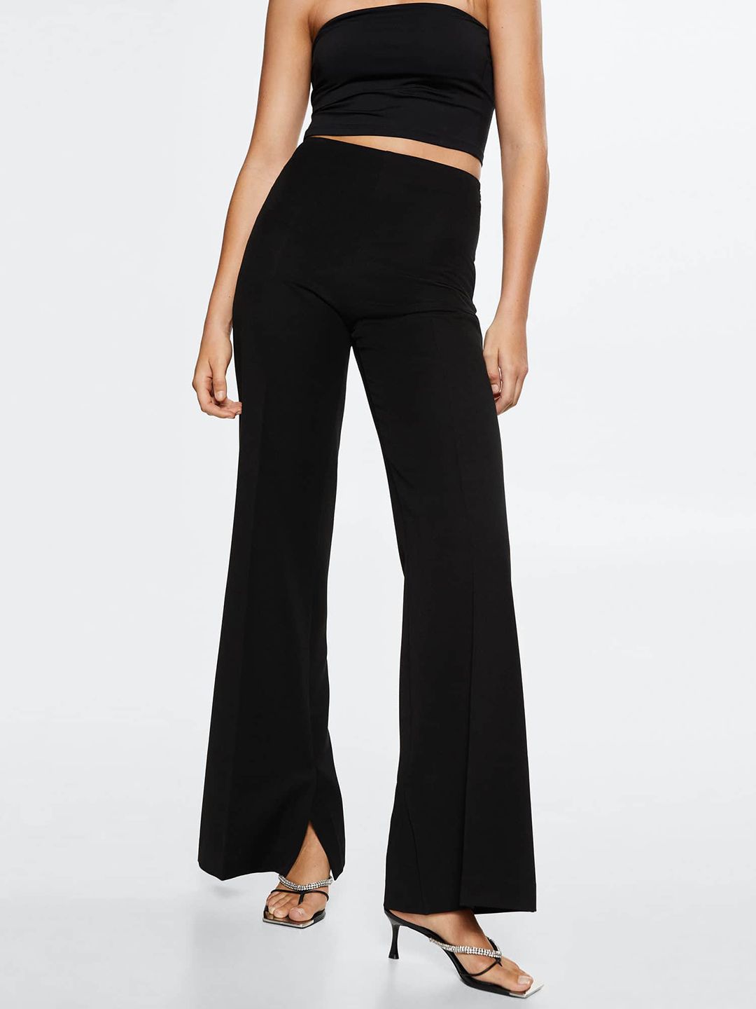MANGO Women Black Flared High-Rise Sustainable Trousers Price in India