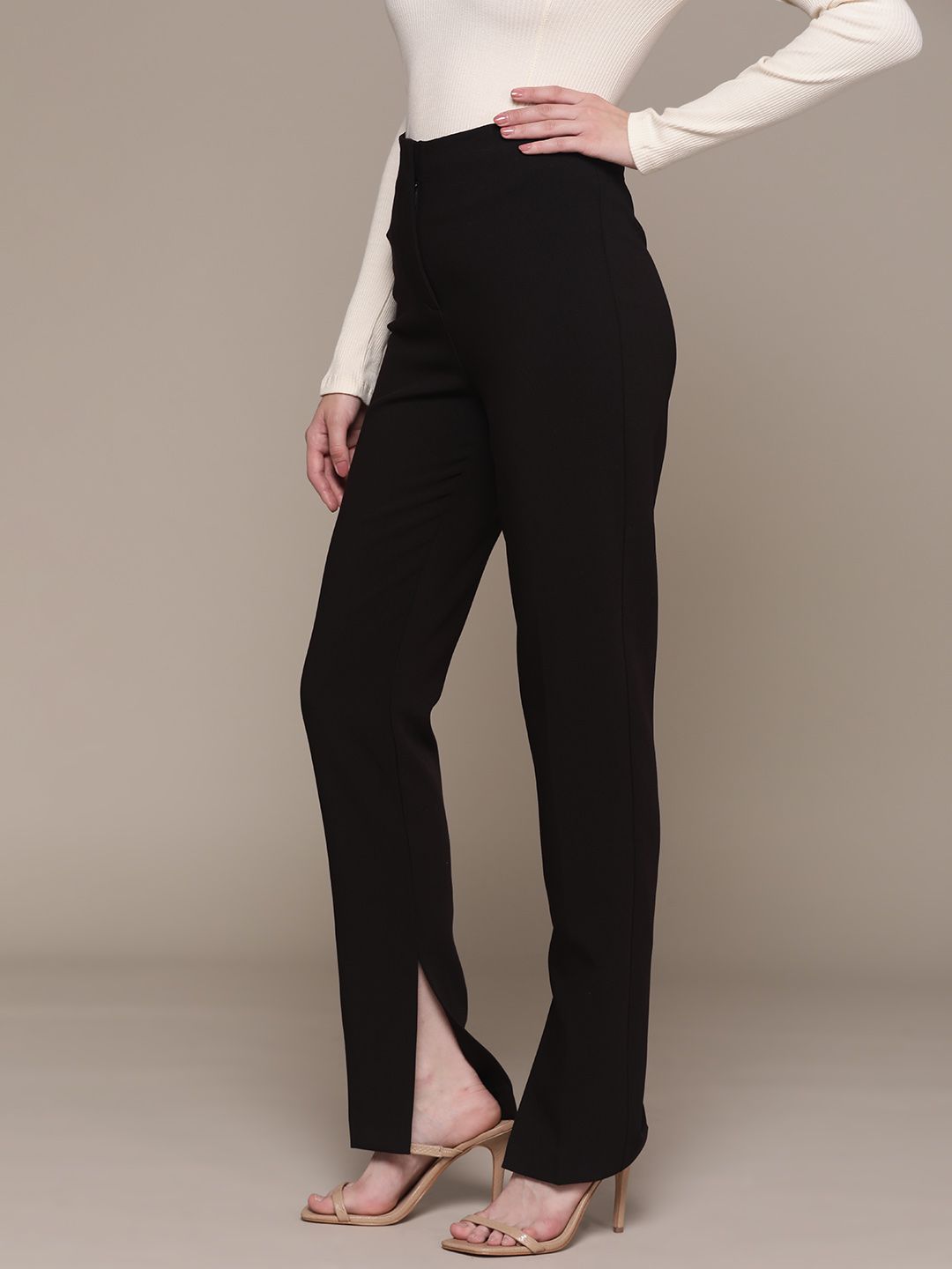 MANGO Women Black Solid Side Slit Hem Regular Trousers Price in India