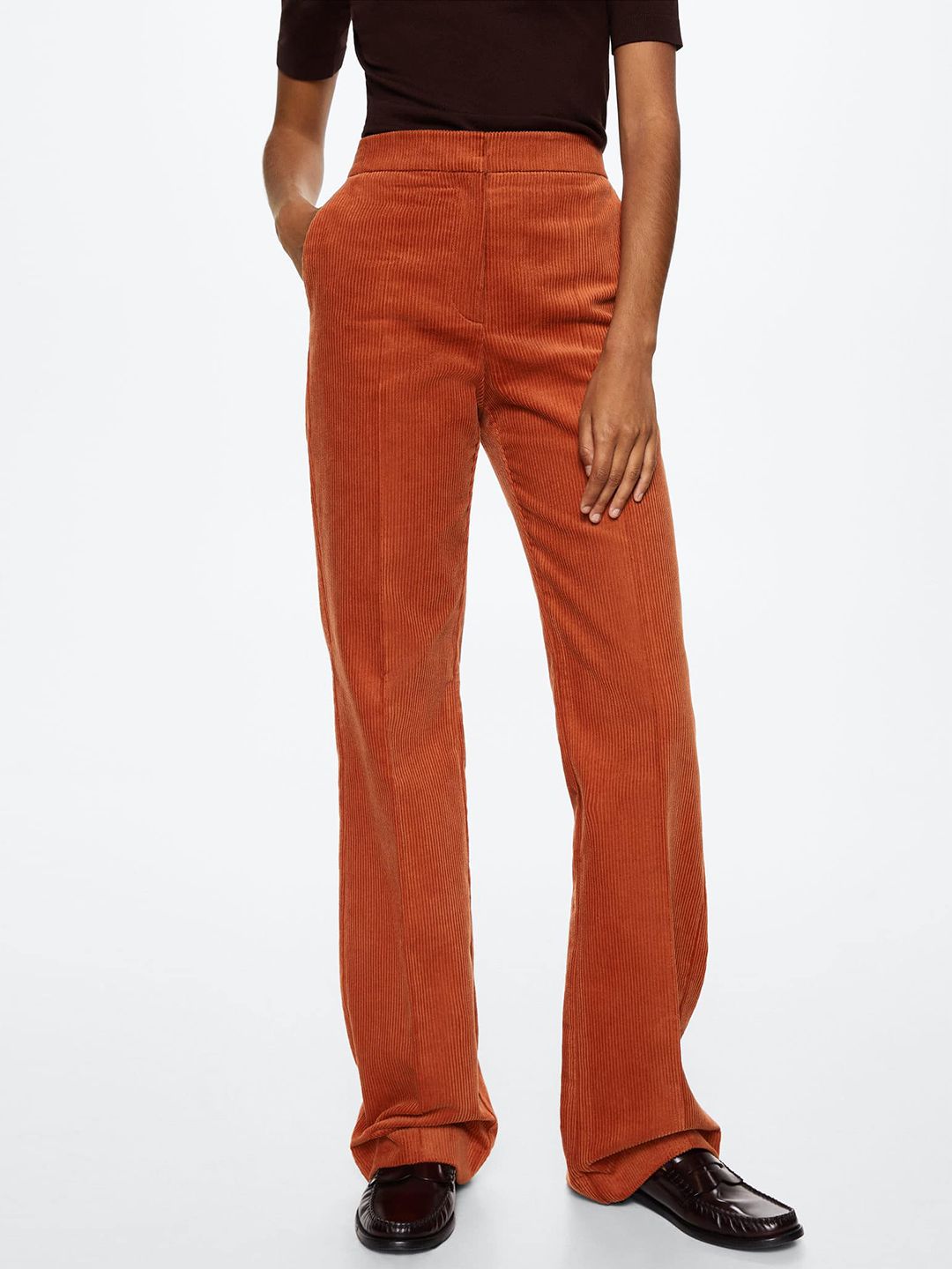 MANGO Women Rust Orange Flared Sustainable Corduroy Trousers Price in India