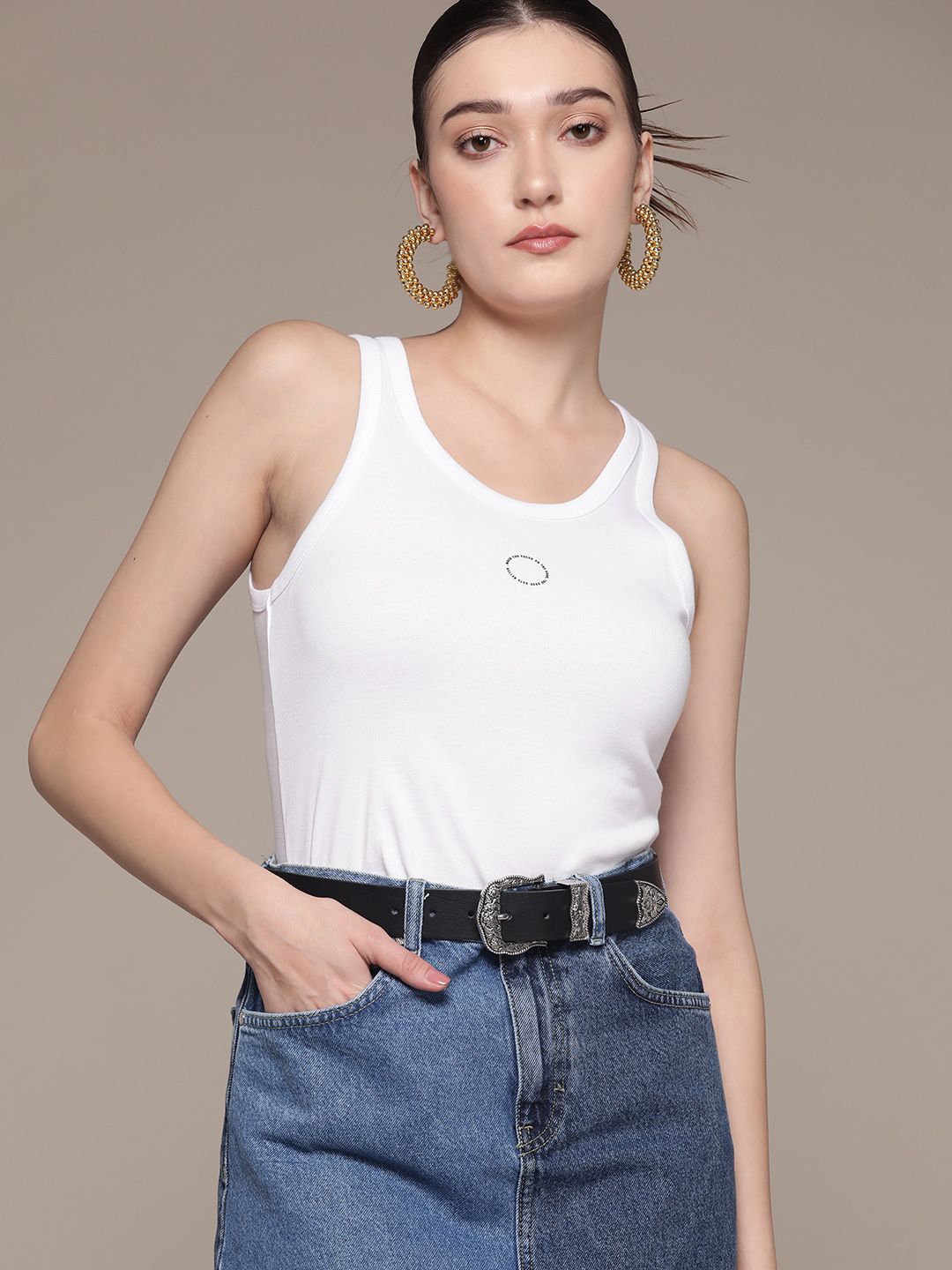MANGO White Solid Pure Cotton Sustainable Tank Top Price in India