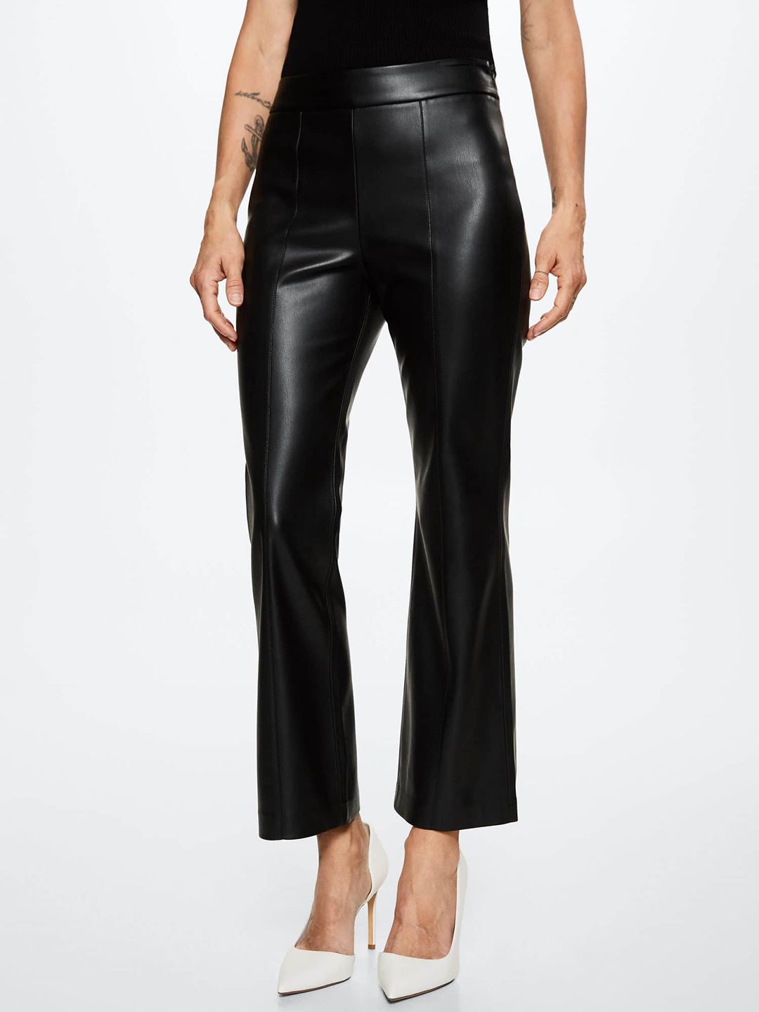 MANGO Women Black High-Rise Faux Leather Straight Fit Trousers Price in India