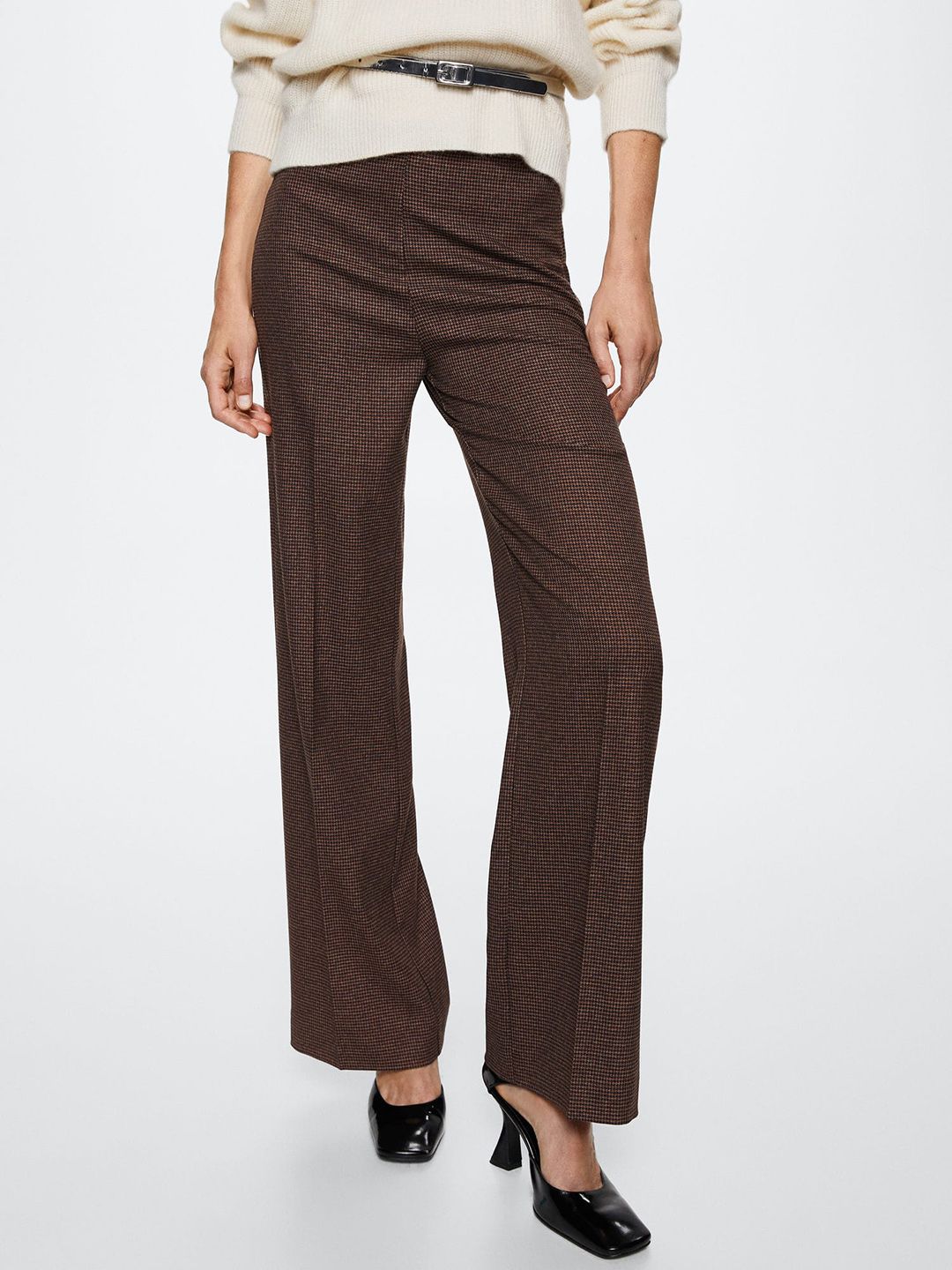 MANGO Women Brown Houndstooth Patterned High-Rise Parallel Trousers Price in India