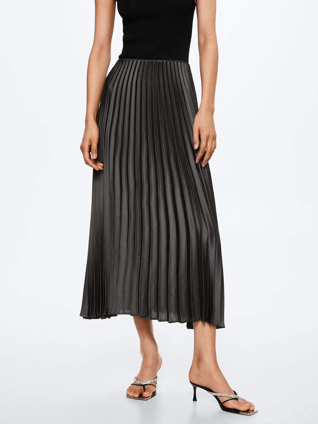 MANGO Charcoal Grey Solid Sustainable Accordion Pleated Flared Midi Skirt Price in India