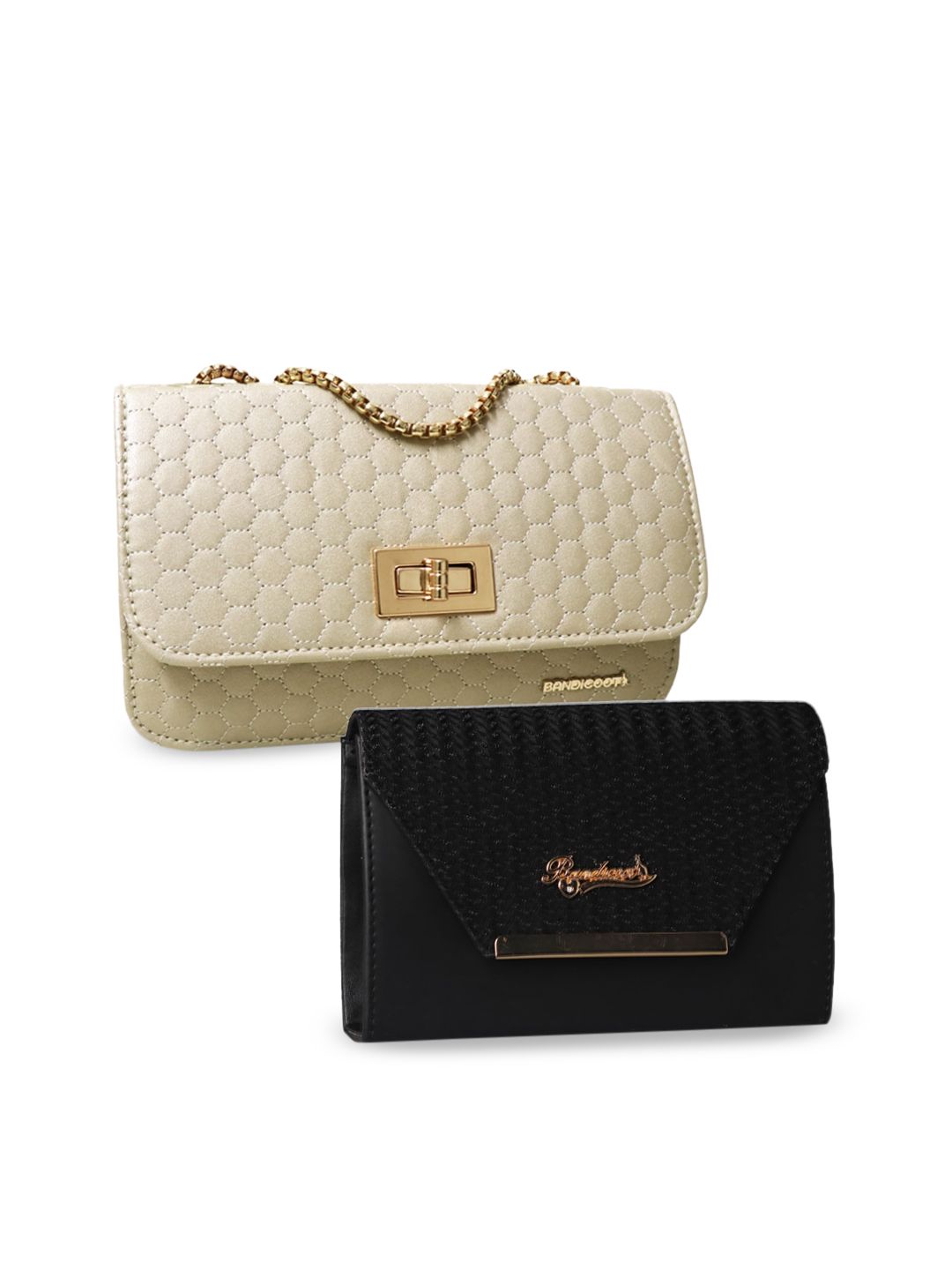 BANDICOOT Cream-Coloured Set Of 2 PU Structured Sling Bag with Quilted