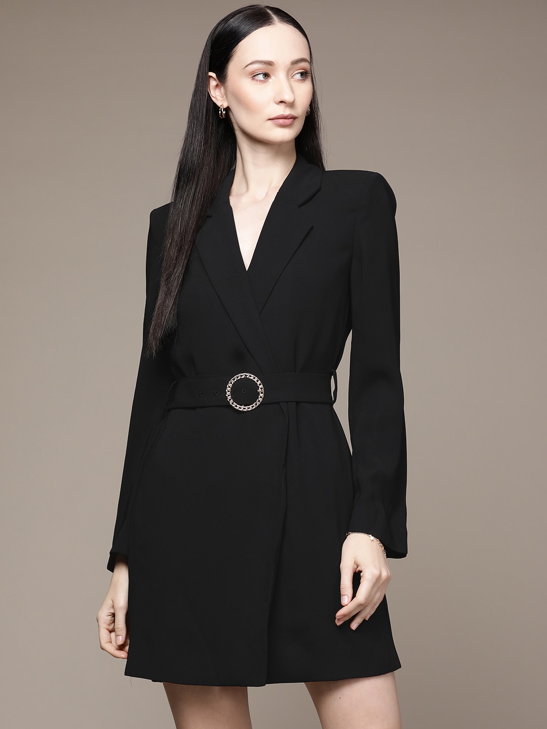 MANGO Black Solid Sustainable Blazer Dress with a Belt Price in India