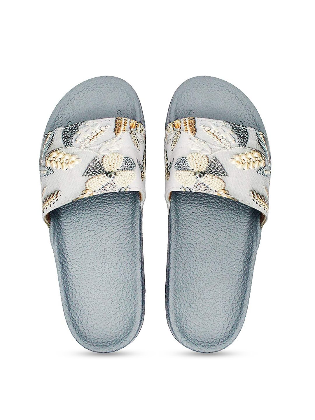 FREECO Women Grey & White Embellished Synthetic Sliders