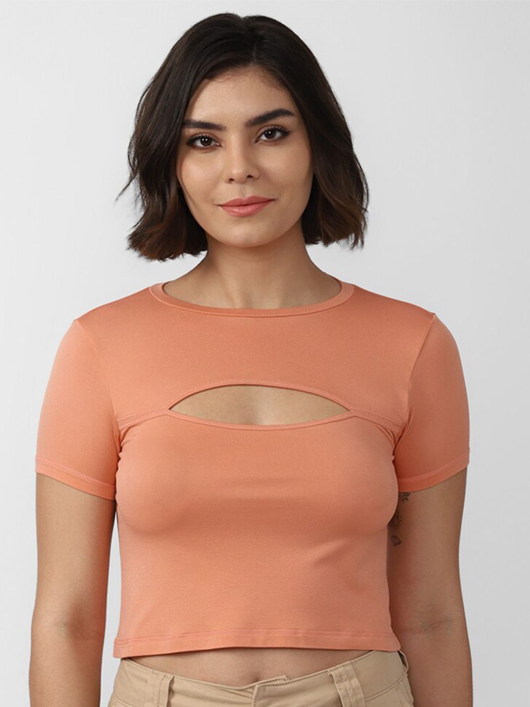 FOREVER 21 Peach-Coloured Solid Crop Top Price in India