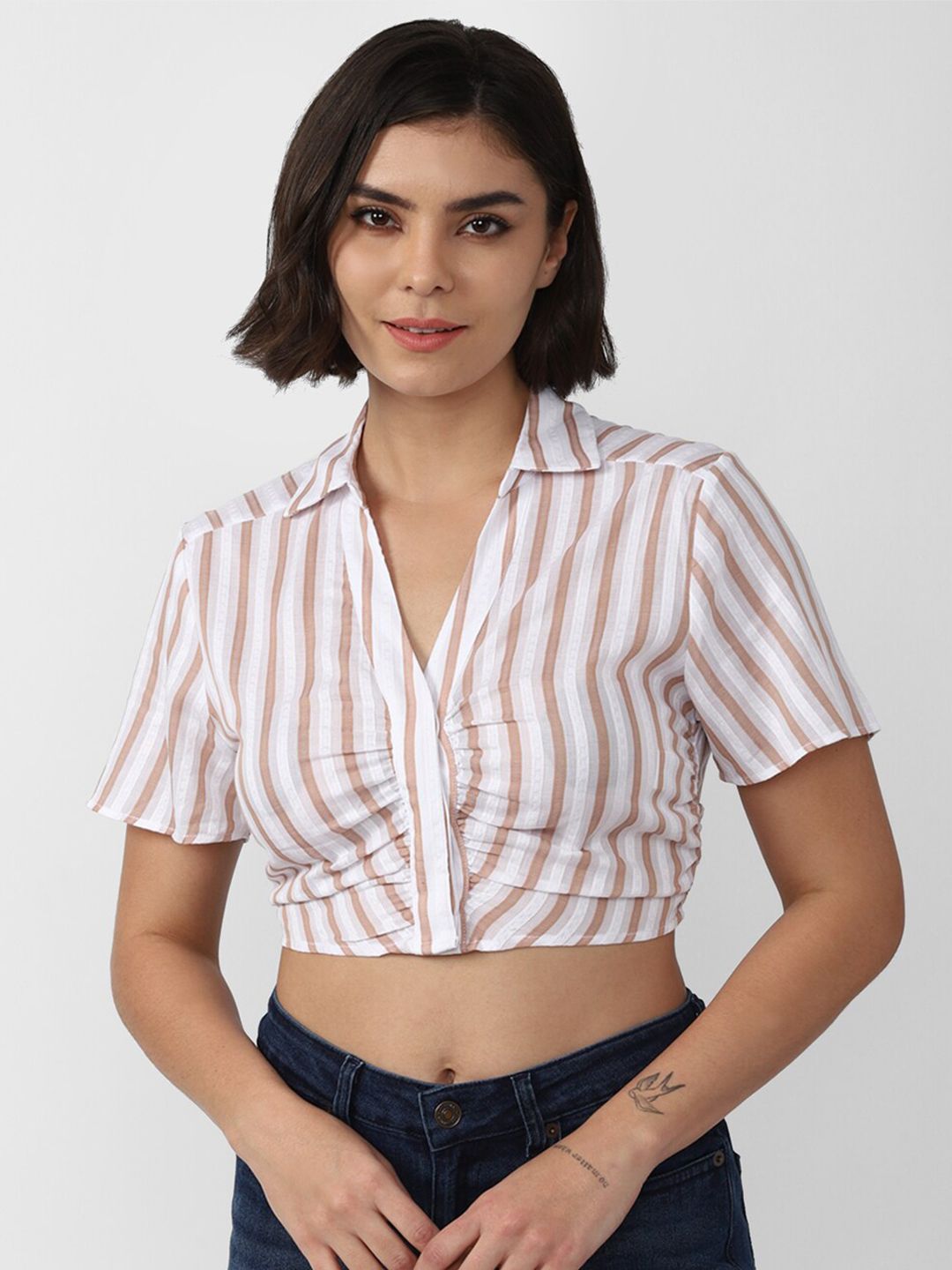 FOREVER 21 White Brown Striped Shirt Style Crop Top Price in