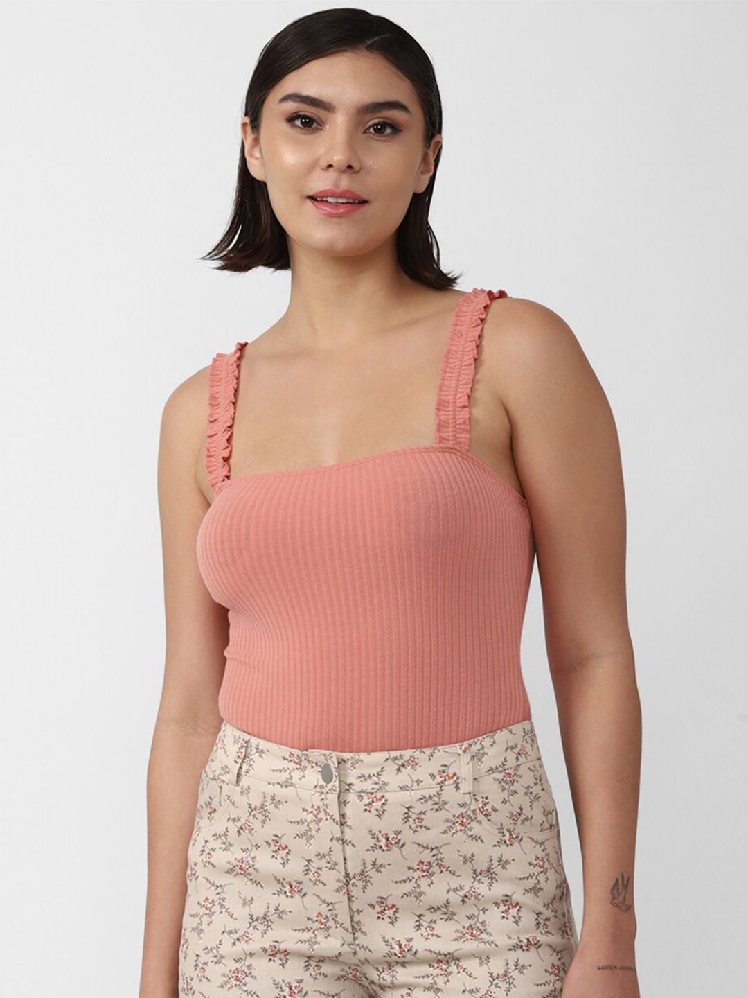 FOREVER 21 Pink Solid Fitted Crop Top Price in India