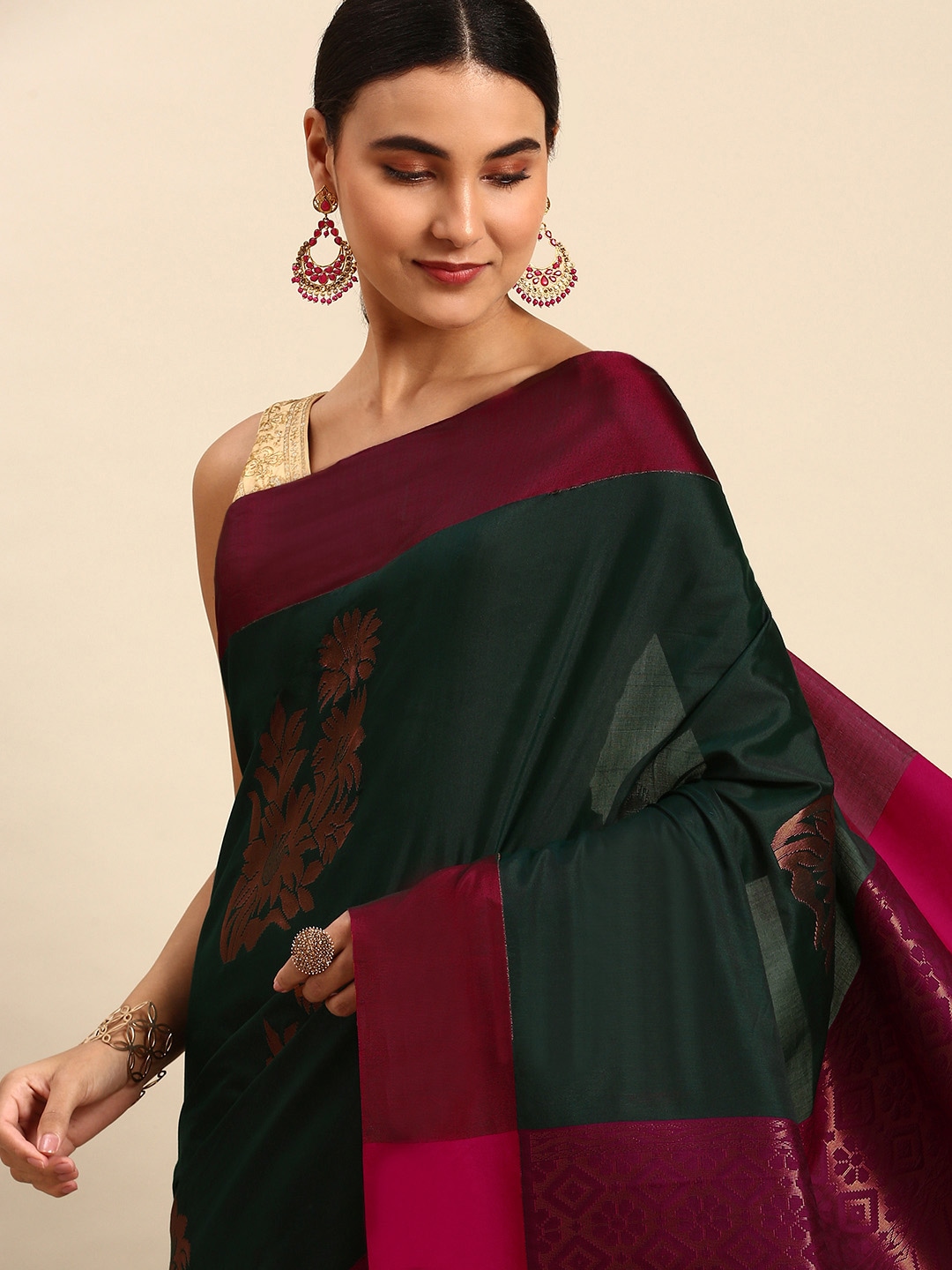 Pothys Green & Copper-Toned Ethnic Motifs Art Silk Saree Price in India