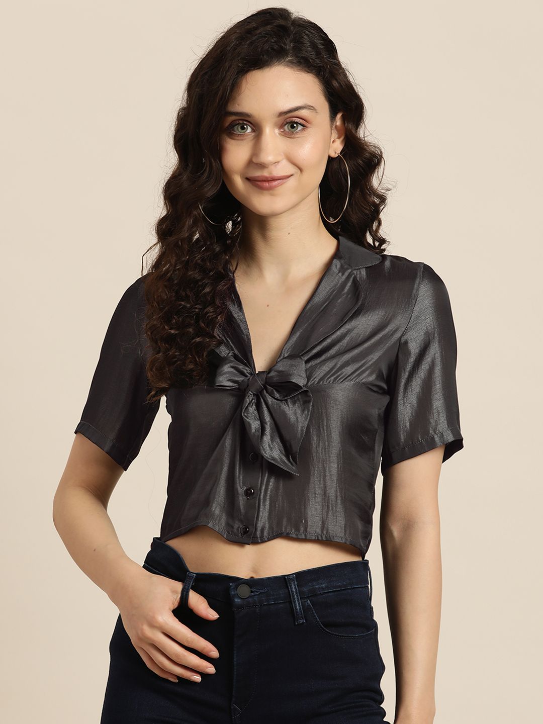 Qurvii Women Grey Shirt Style Crop Top with Bow Detail Price in India