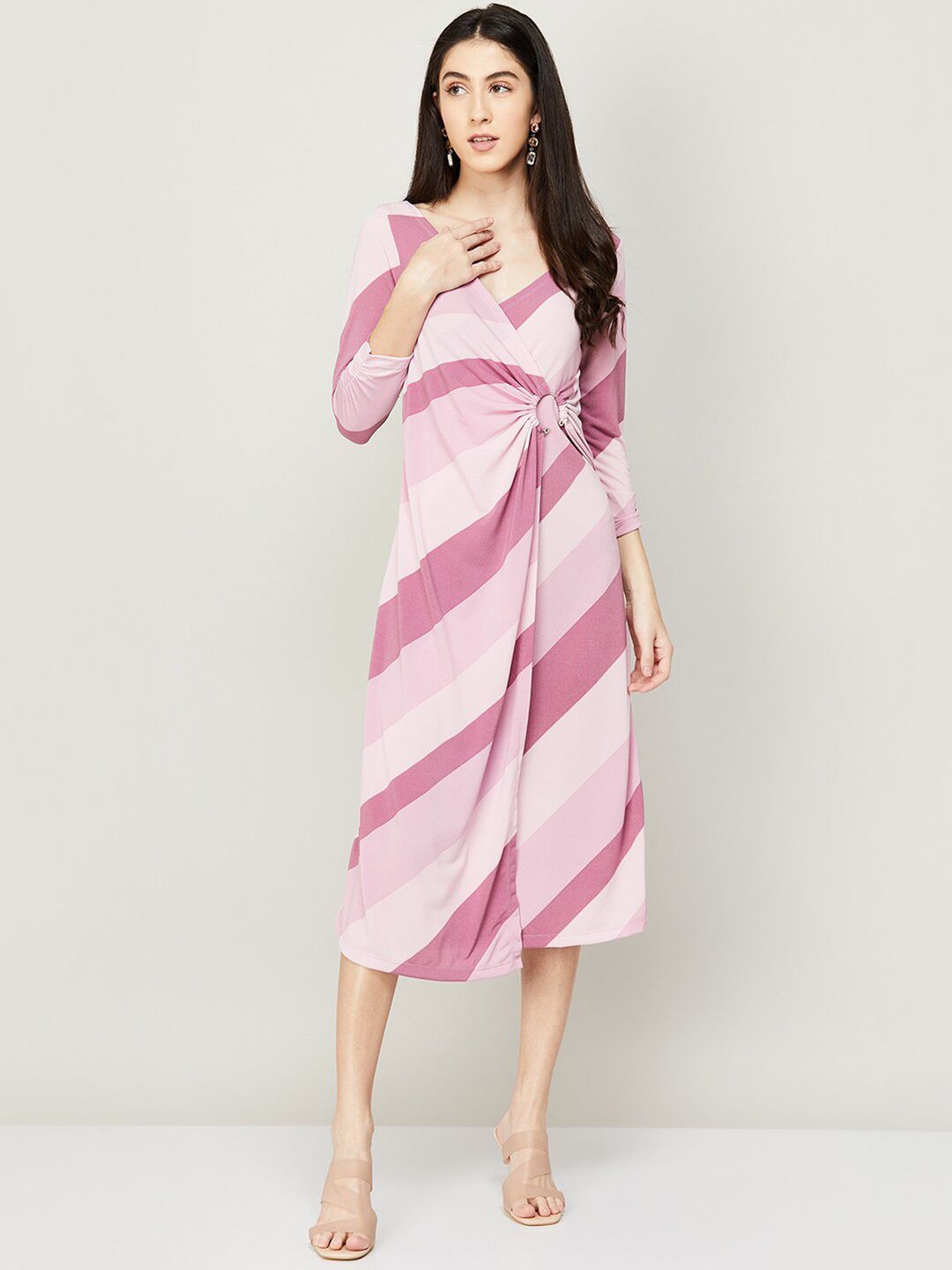 CODE by Lifestyle Pink Printed Striped Midi Dress Price in India